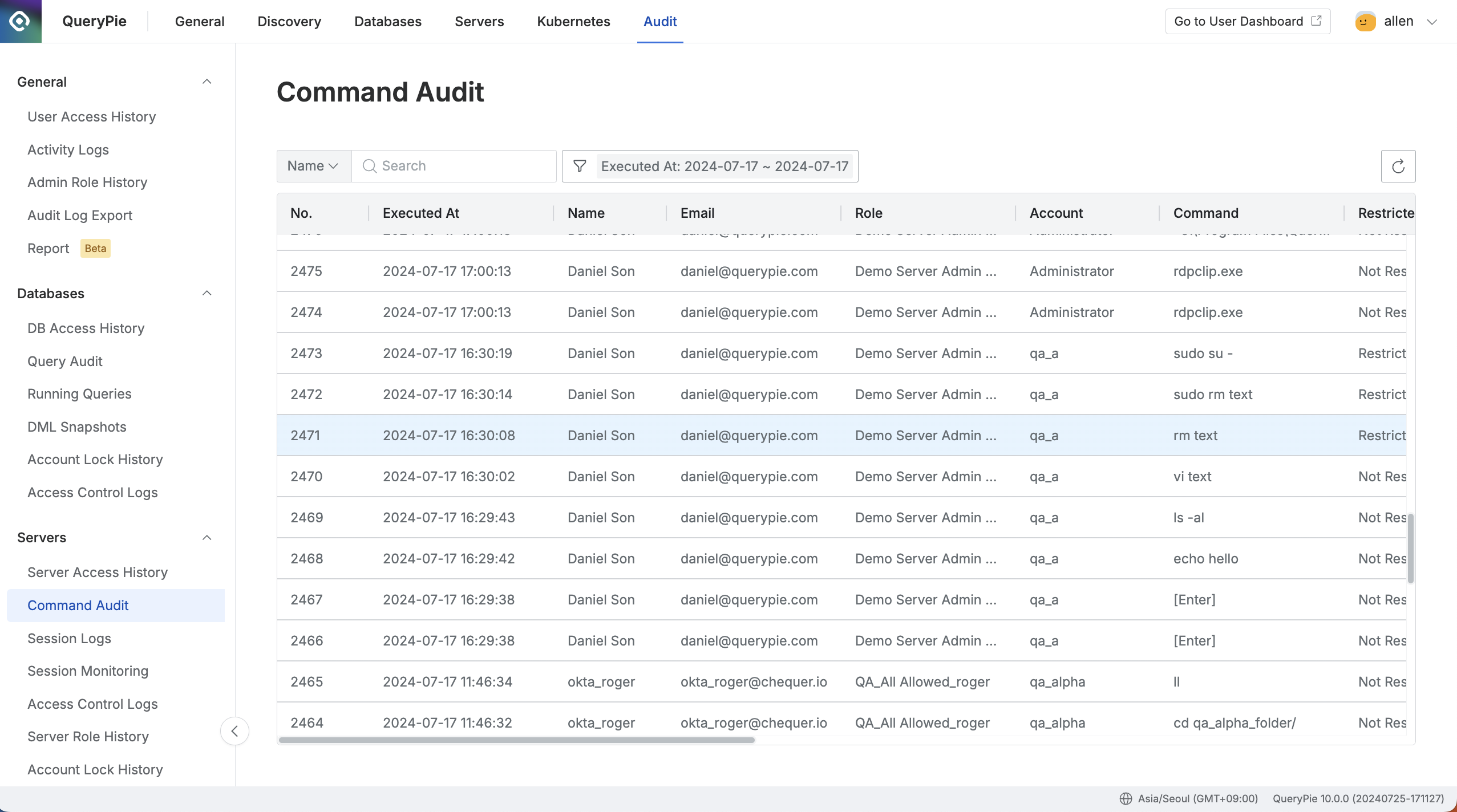 Administrator > Audit > Servers > Command Audit