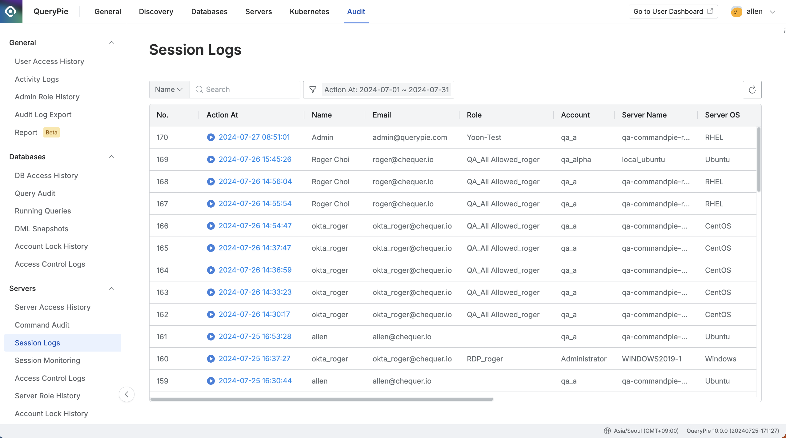 Administrator > Audit > Servers > Session Logs
