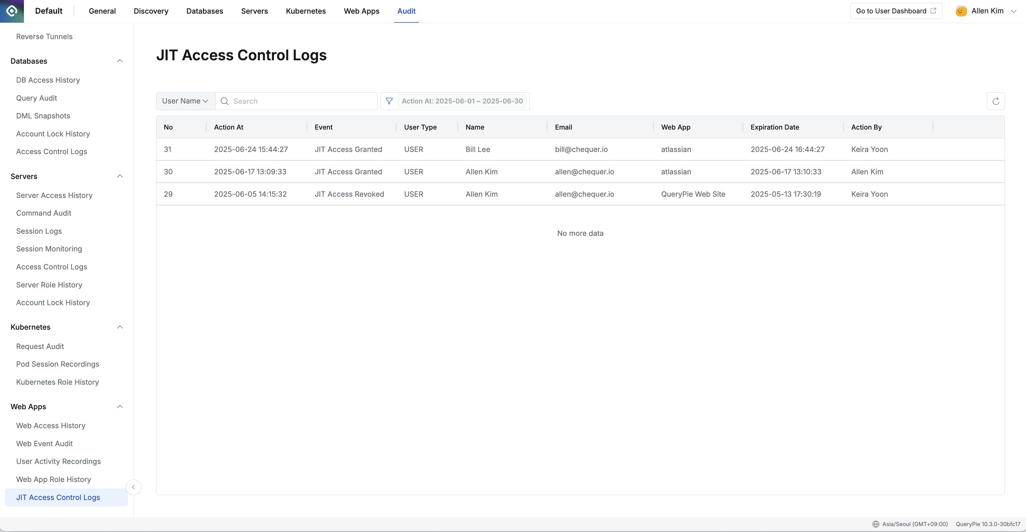 Administrator > Audit > Web Apps > JIT Access Control Logs