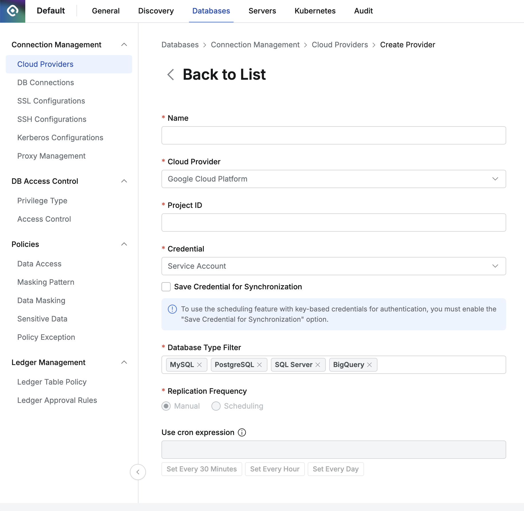 Administrator > Databases > Connection Management > Cloud Providers