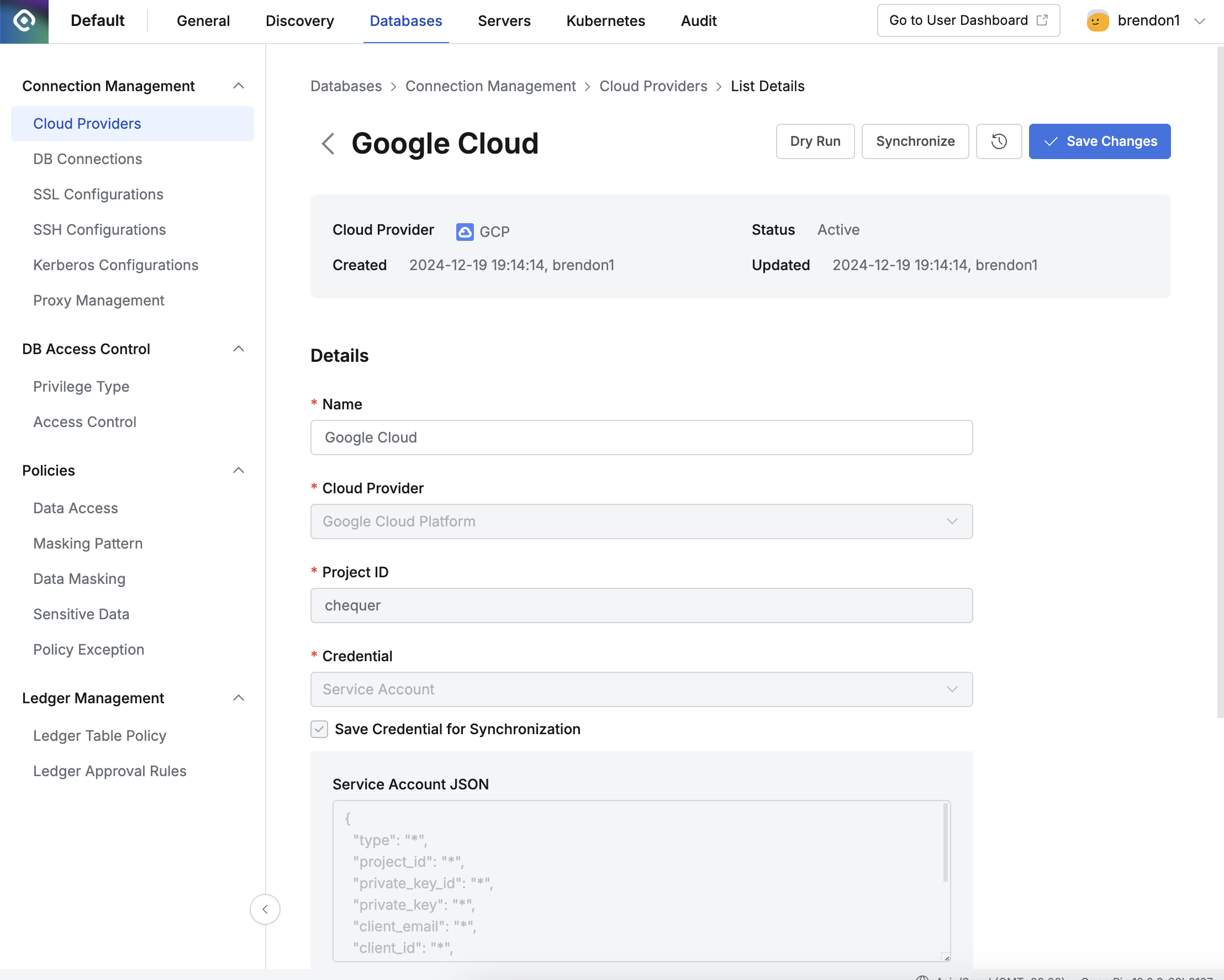 Administrator > Databases > Connection Management > Cloud Providers > Details