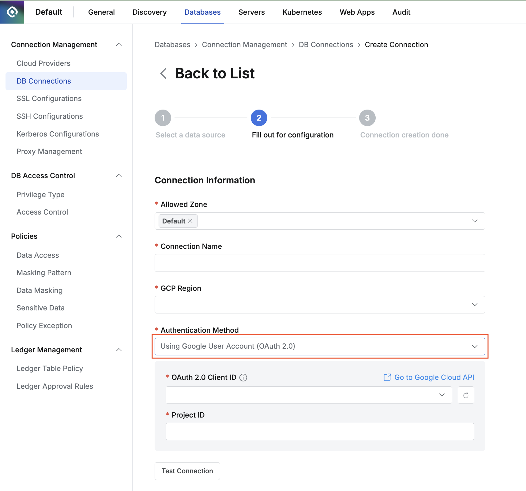 Specify Authentication Method when creating a new BigQuery connection
