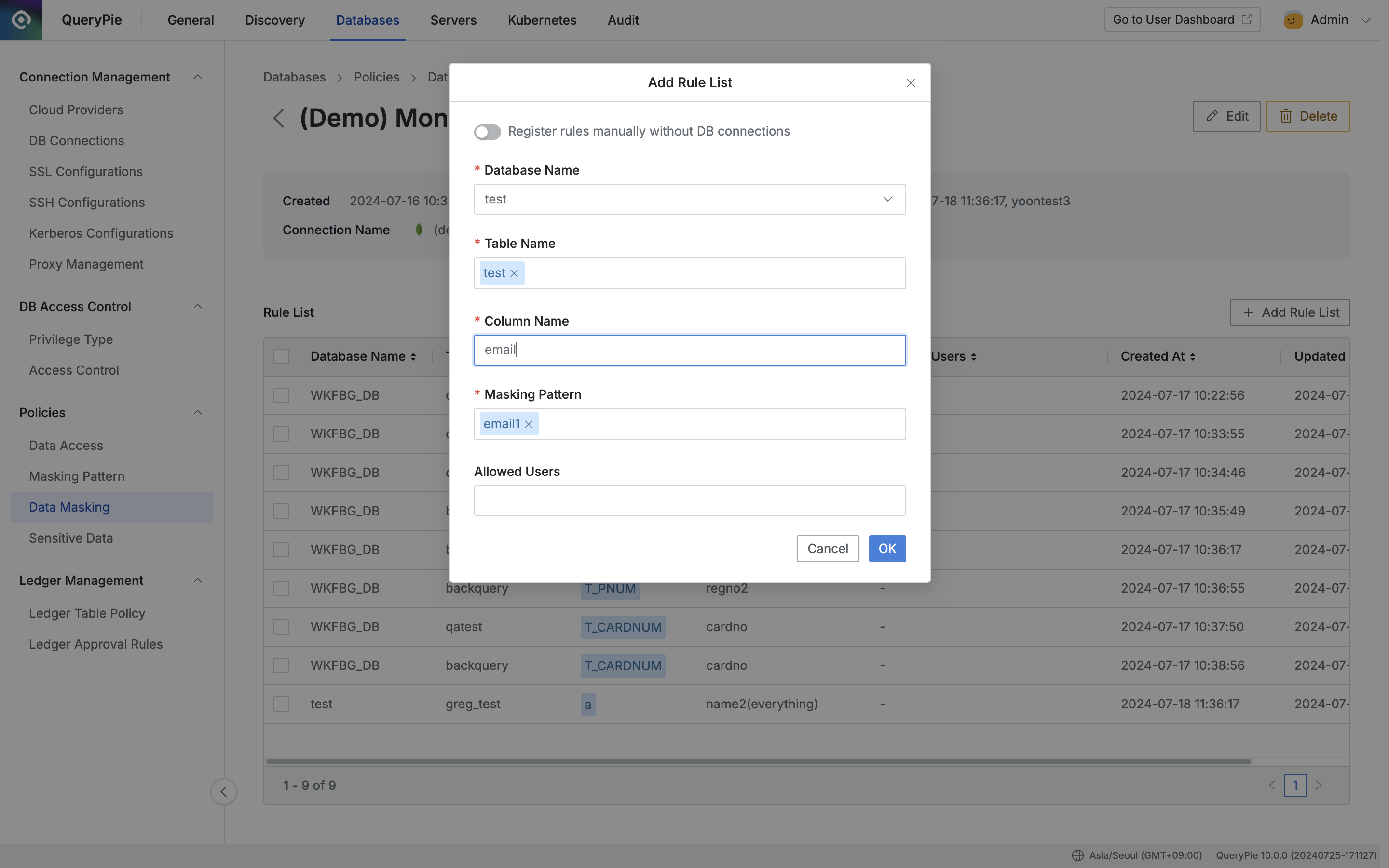 Administrator > Databases > Policies > Data Masking > Add Rule List