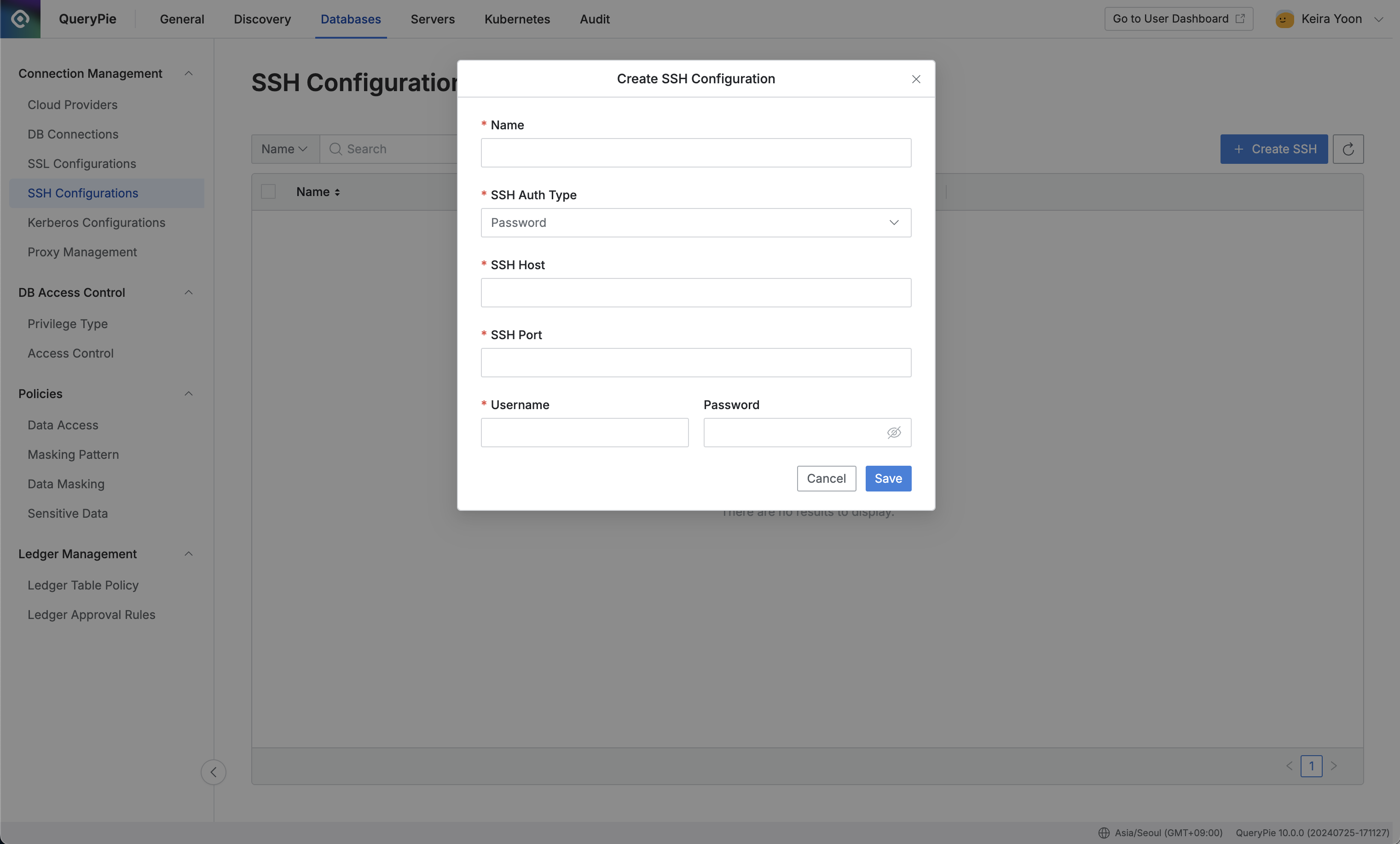 Administrator > Databases > Connection Management > SSH Configuration > Create SSH Configuration