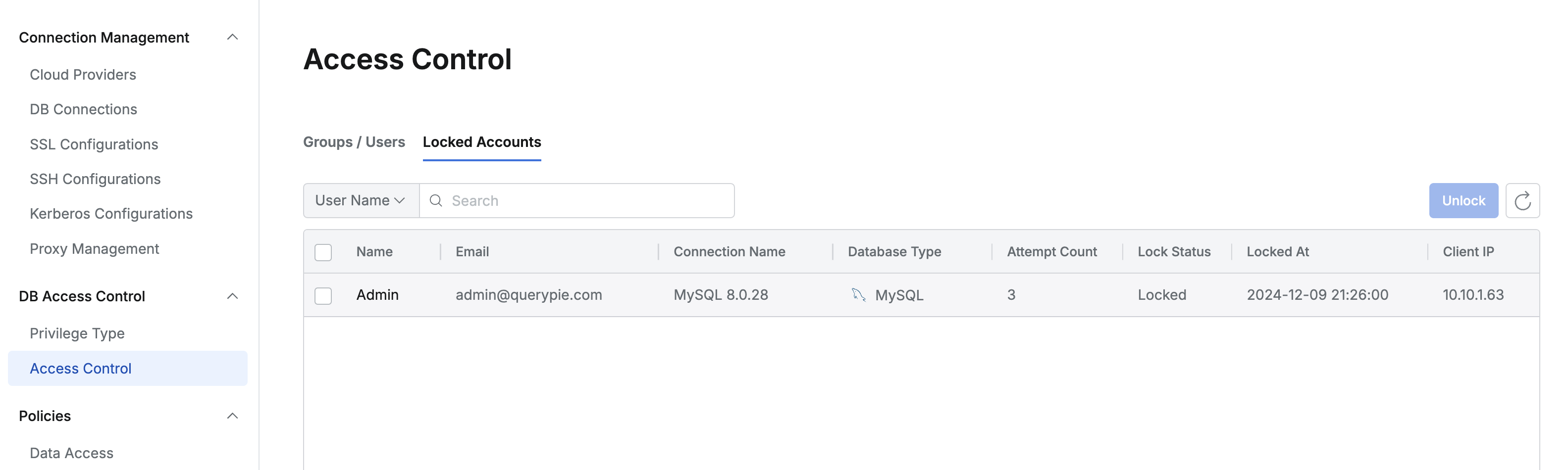 Administrator > Databases > DB Access Control > Access Control > Locked Account