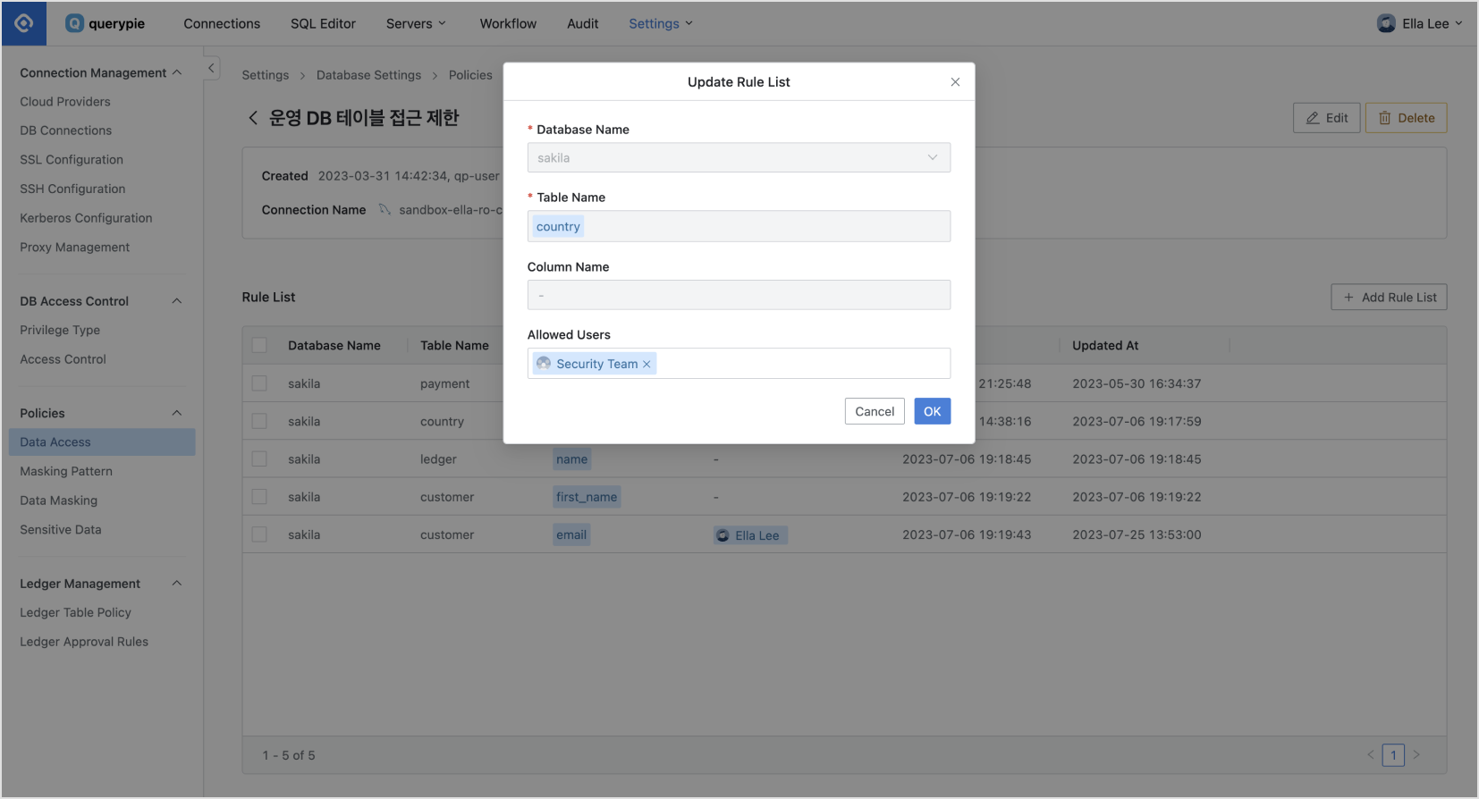 Administrator > Databases > Policies > Data Access > Details > Add Rule