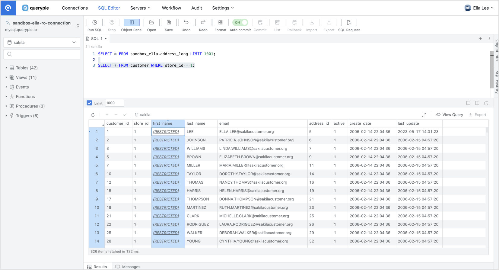SQL Editor > ポリシーが適用されたデータ照会時 *`{RESTRICTED}`* で表示