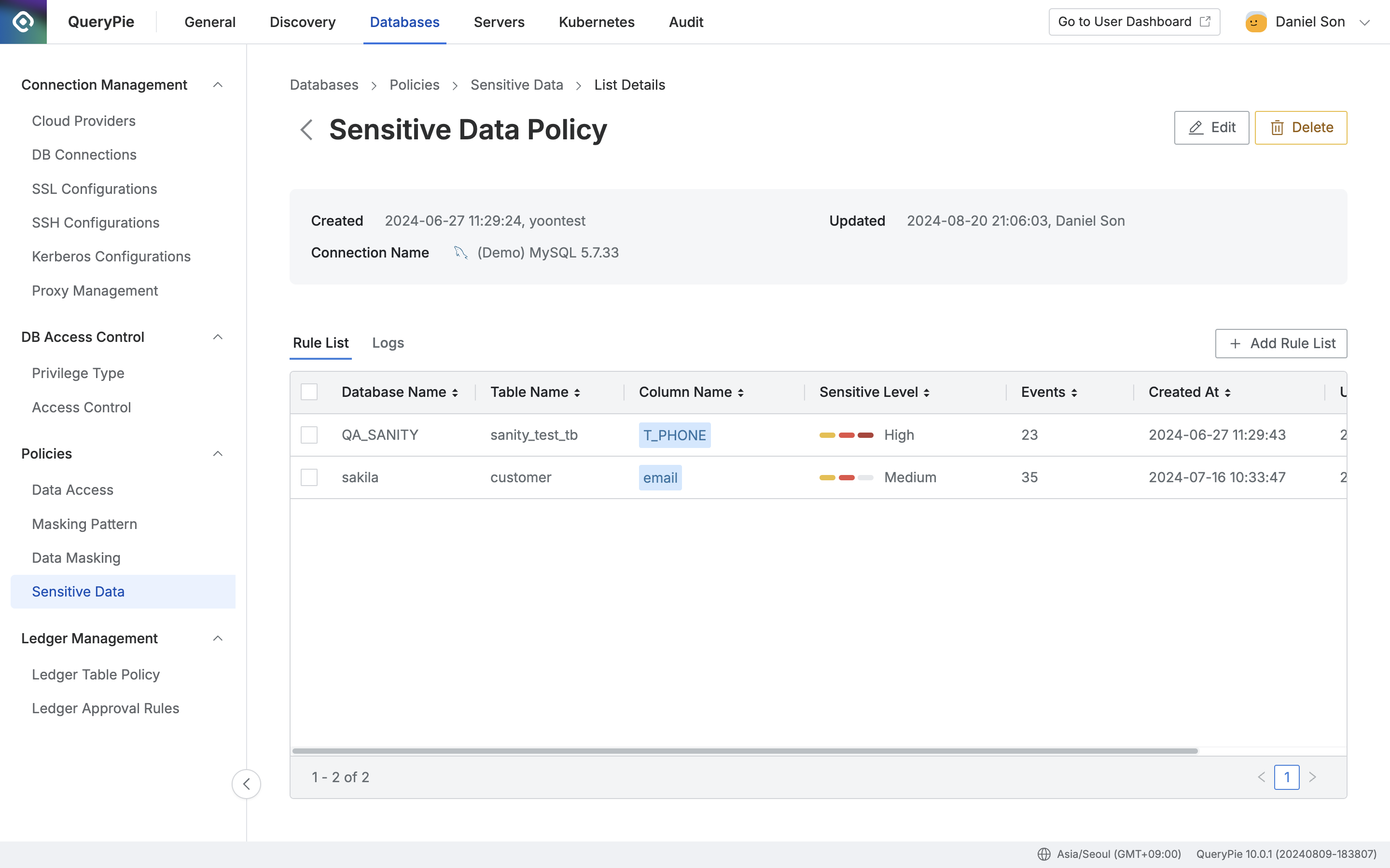 Administrator > Databases > Policies > Sensitive Data > Rule List