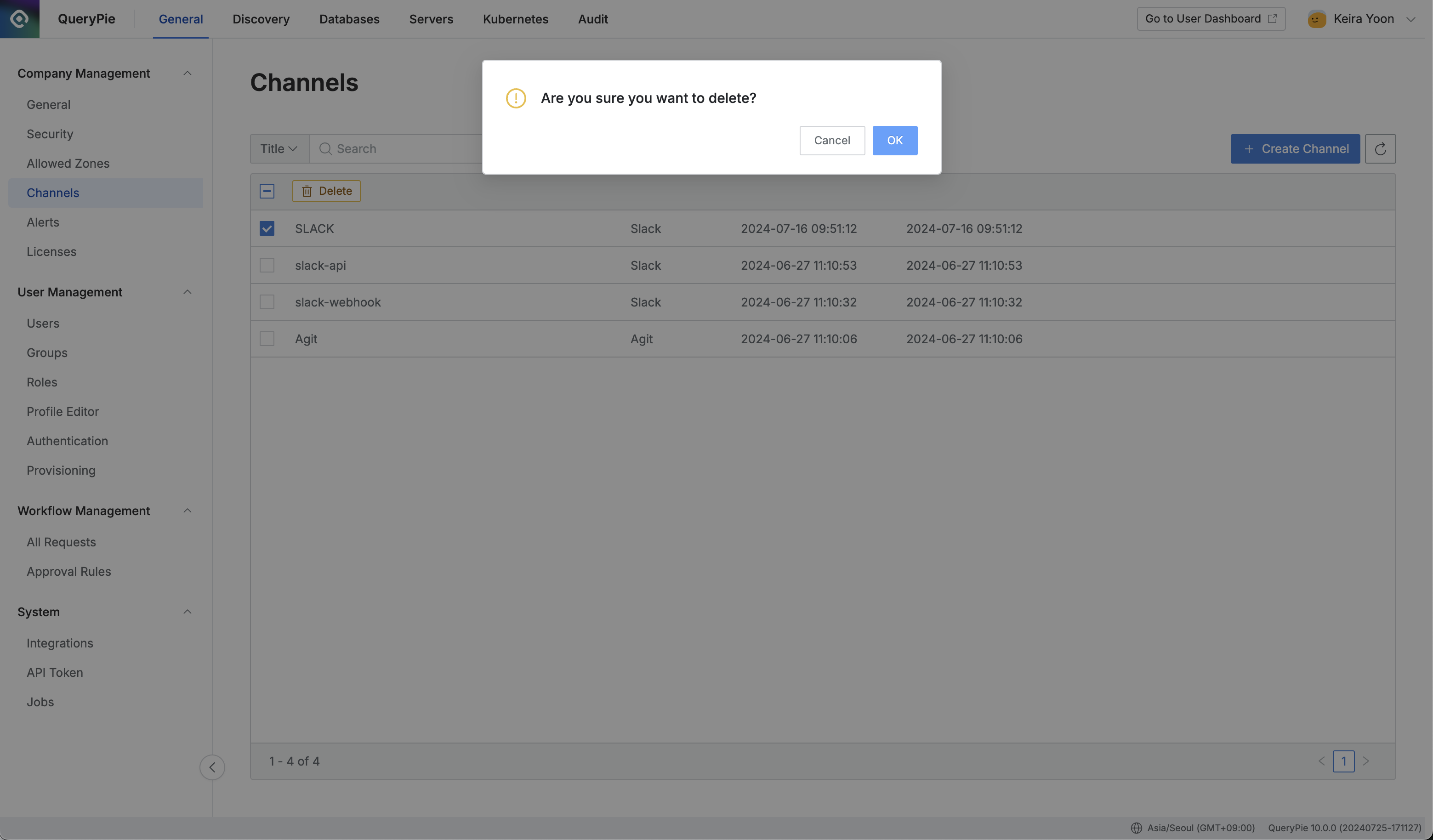 Administrator > General > Company Management > Channels > Delete確認モーダル