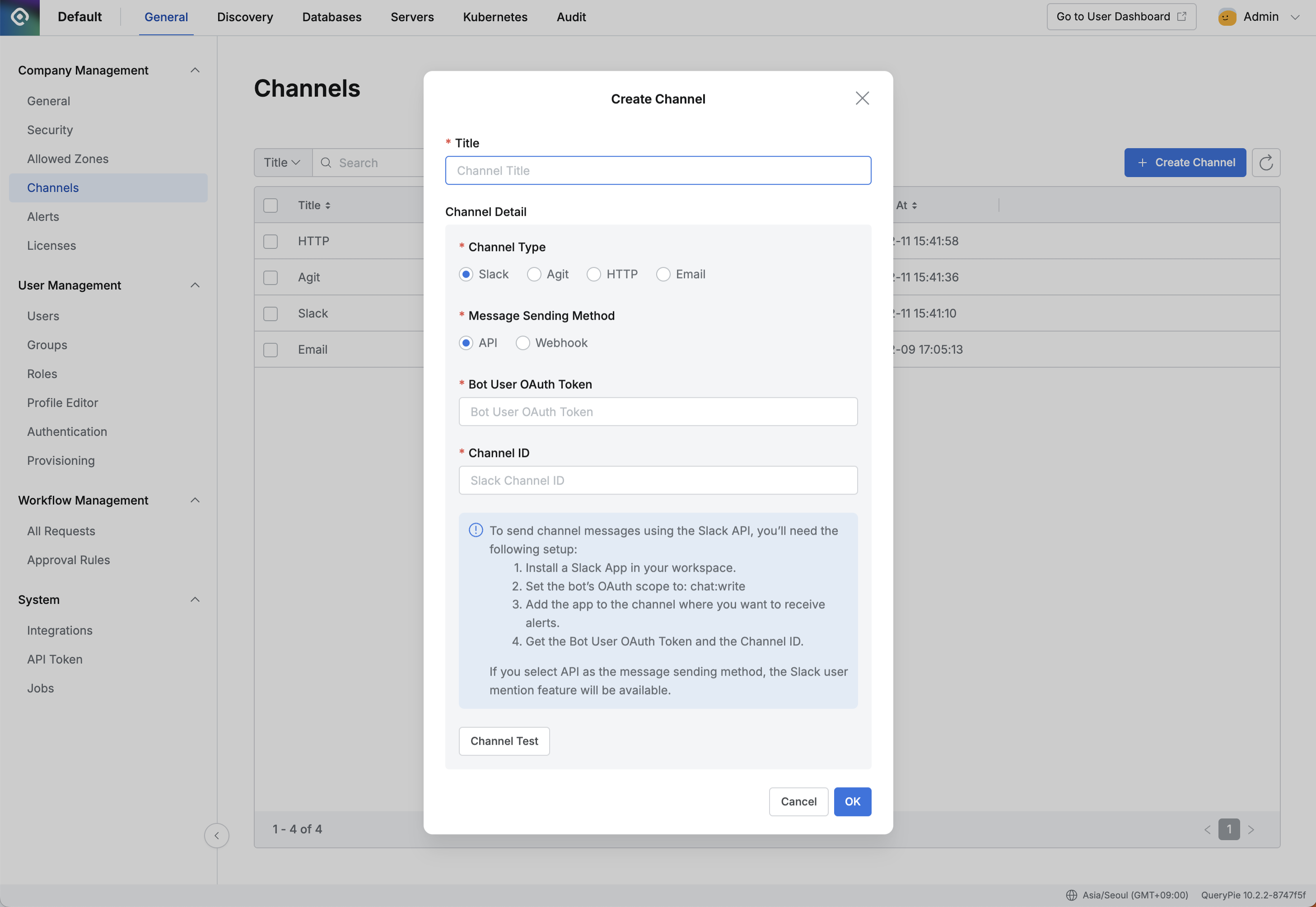 Administrator > General > Company Management > Channels > Create Channel