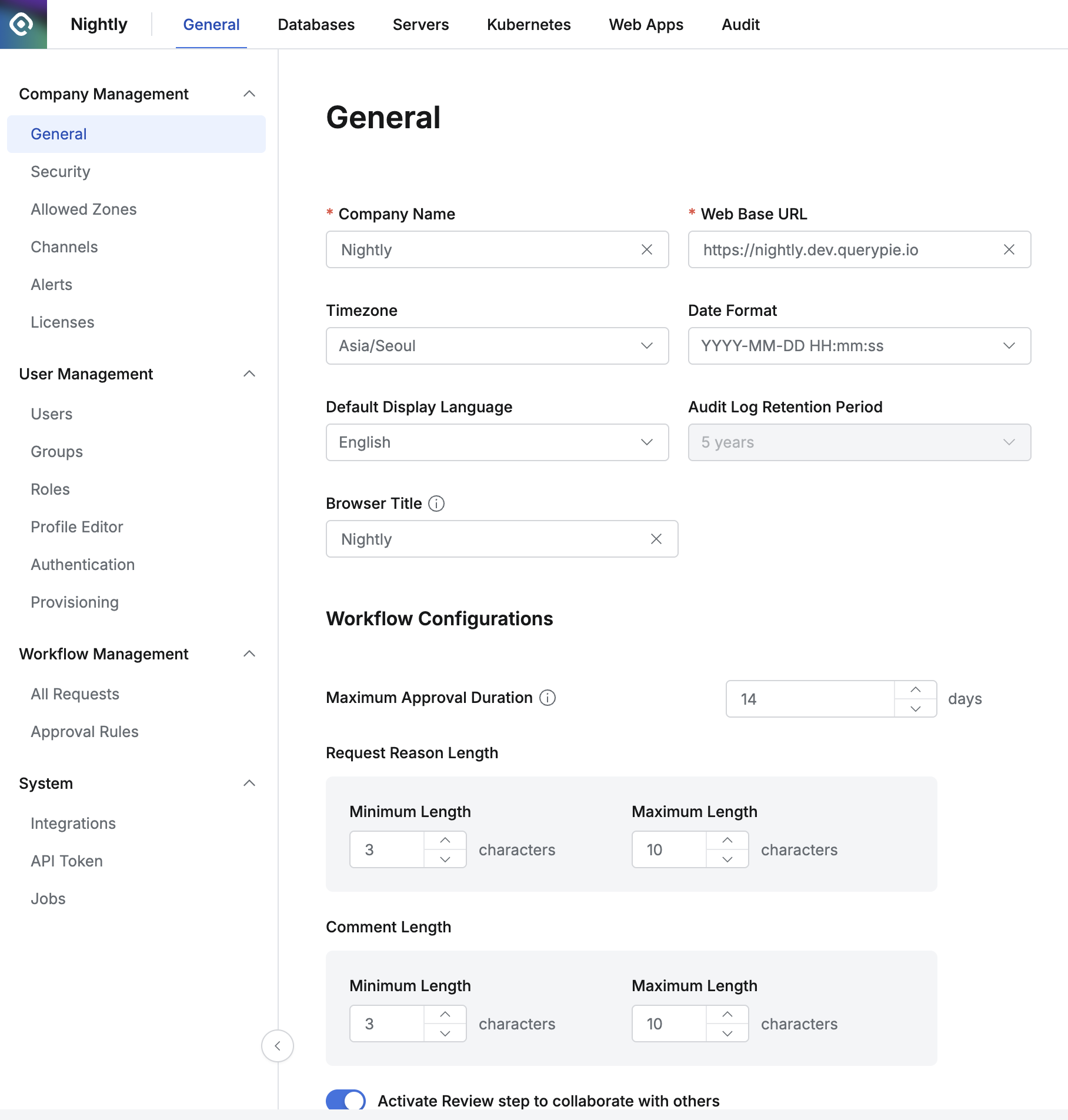 Administrator > General > Company Management > General