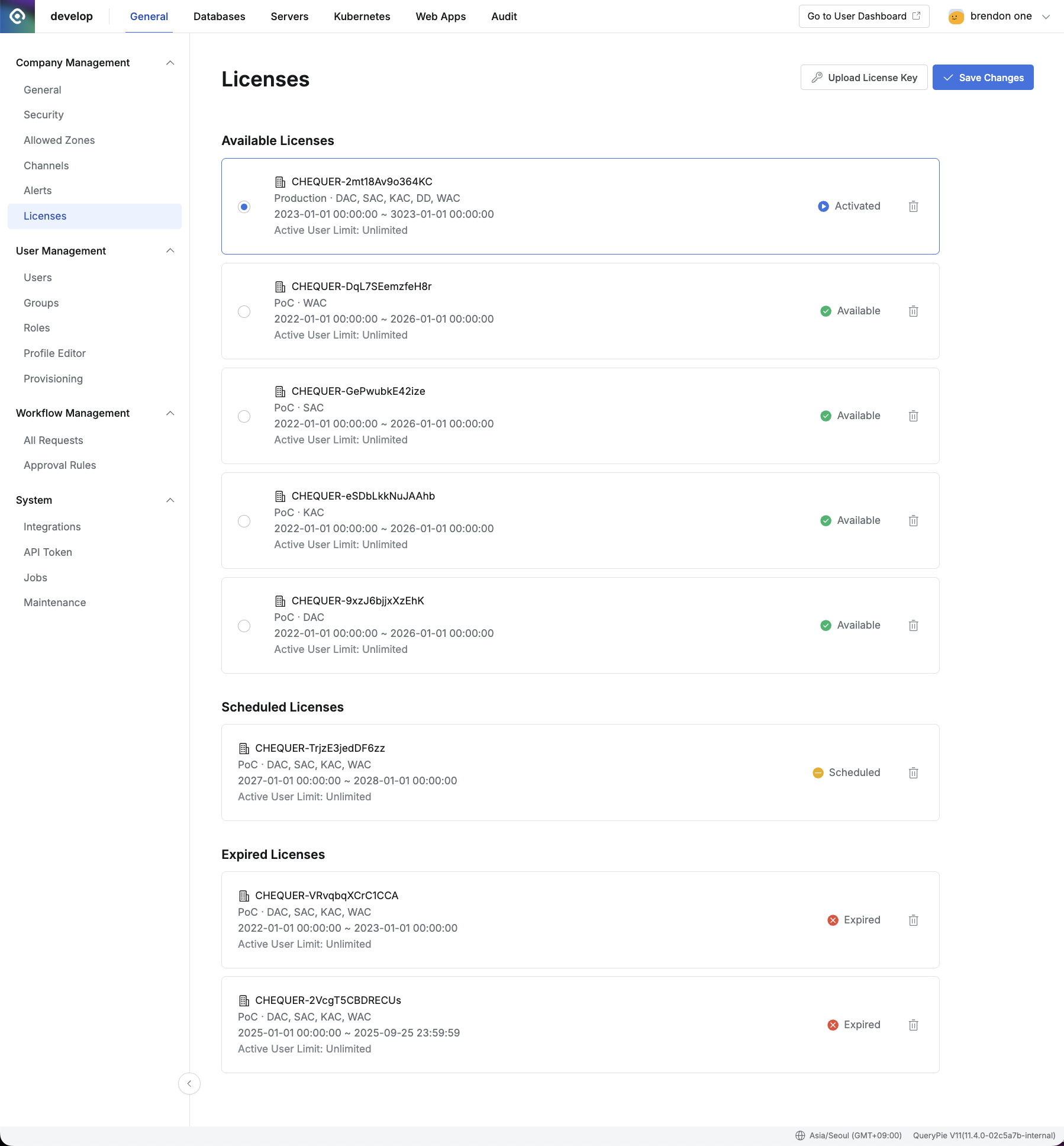 Administrator > General > Company Management > Licenses