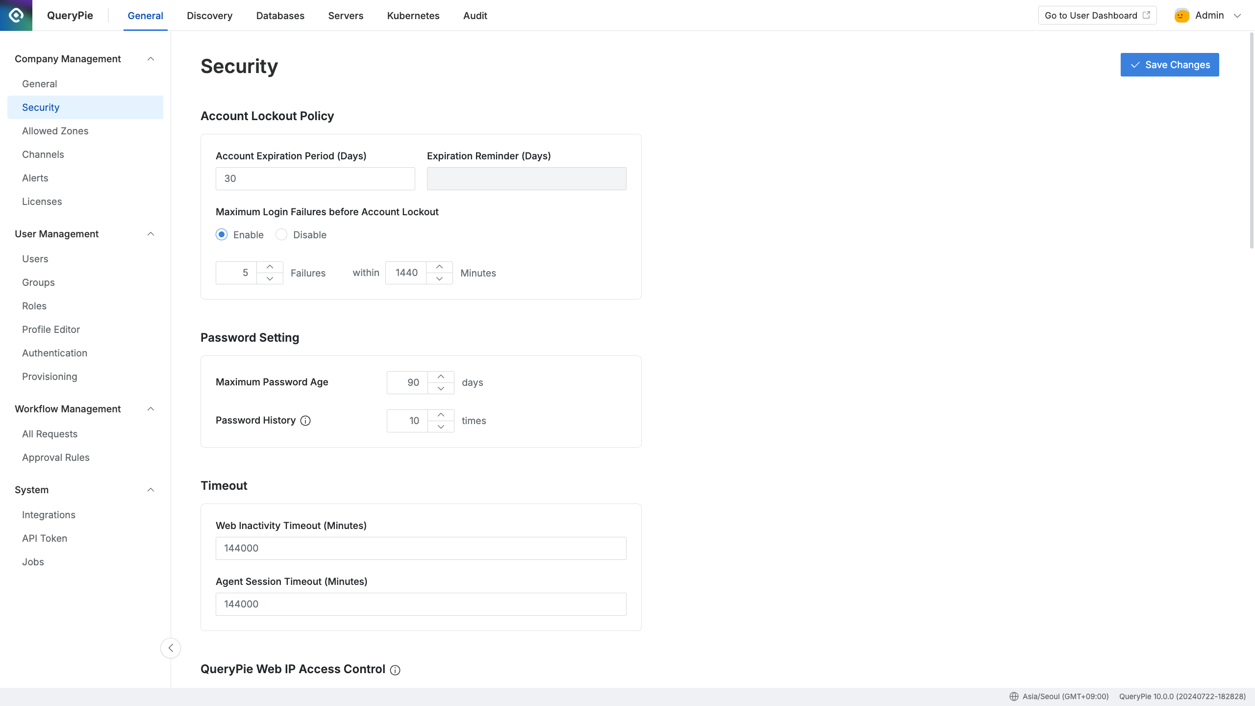 Administrator > General > Company Management > Security