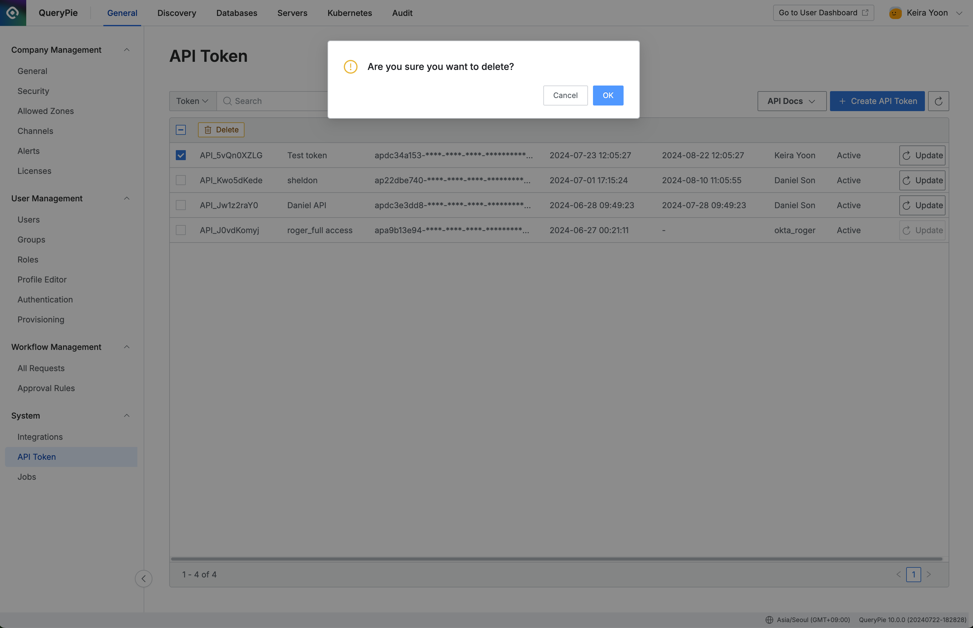 Administrator > General > System > API Token > Delete