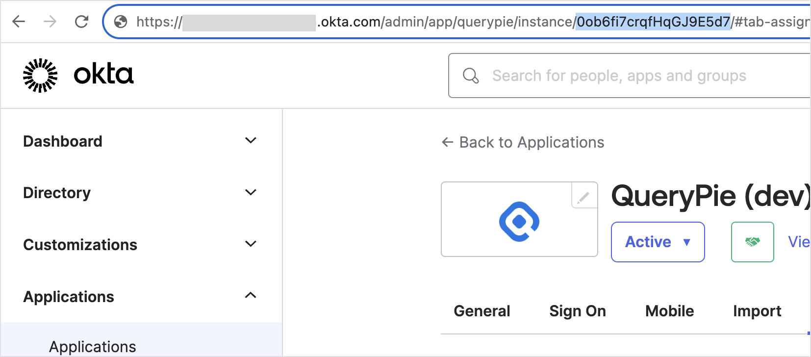 Top URL of Okta Admin > Applications > QueryPie App