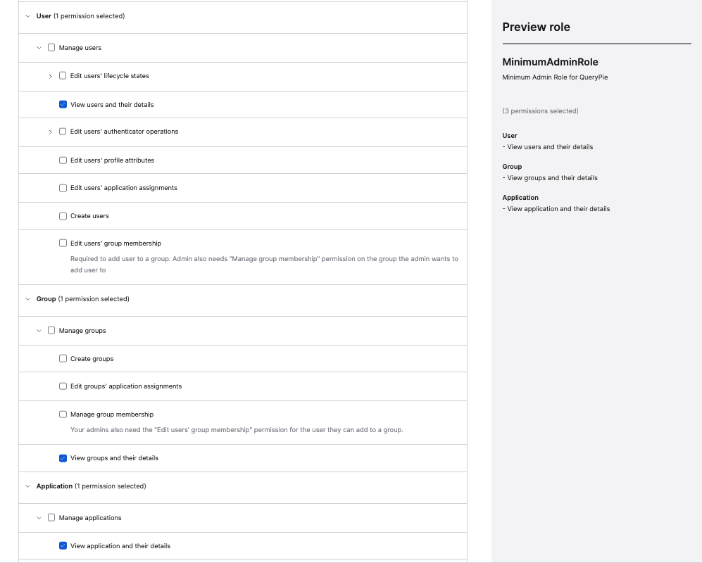 Okta Admin Console > Security > Administrators > Roles > Create new role