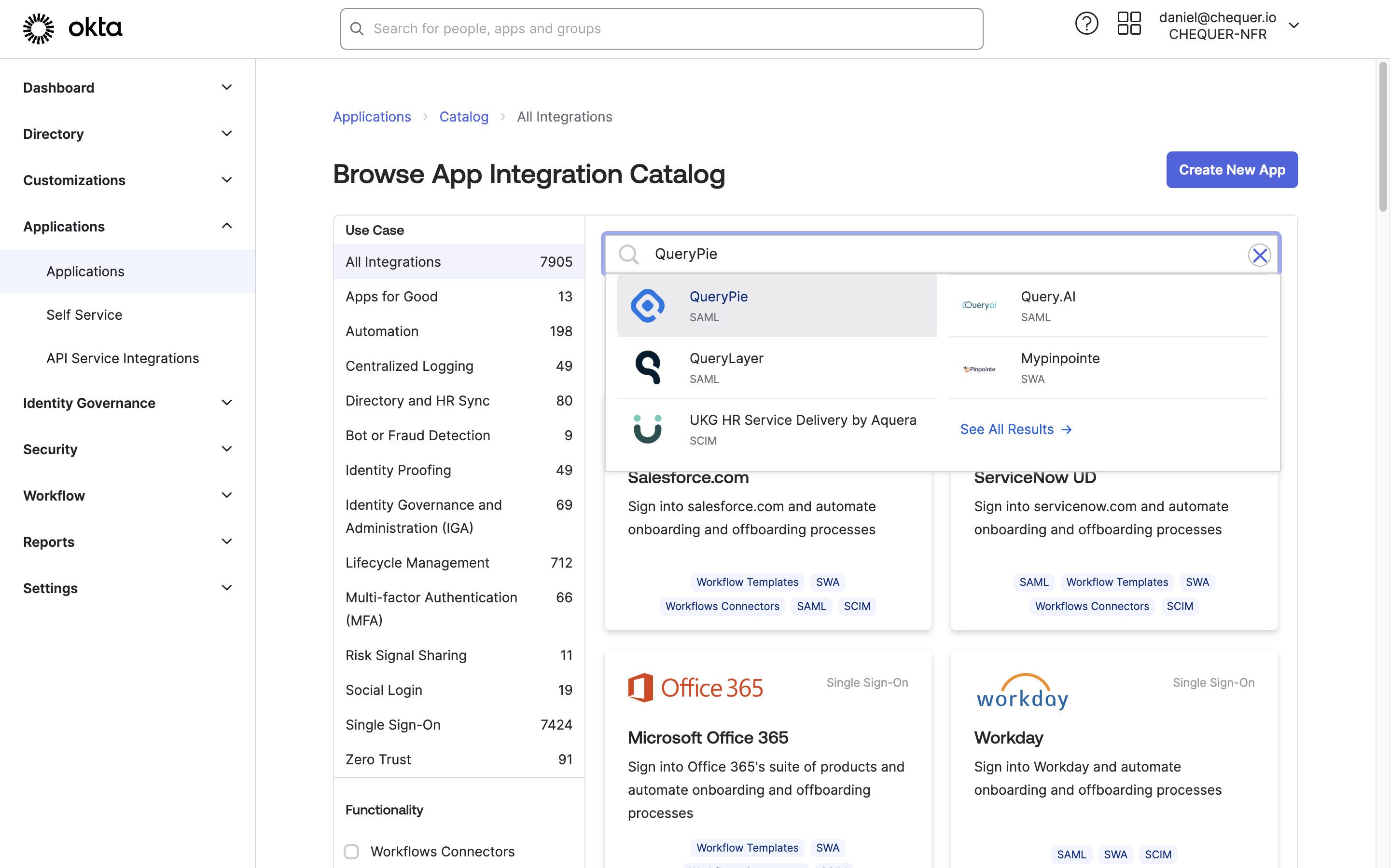 Okta Admin > Applications > Applications > Browse App Catalog > Search for QueryPie