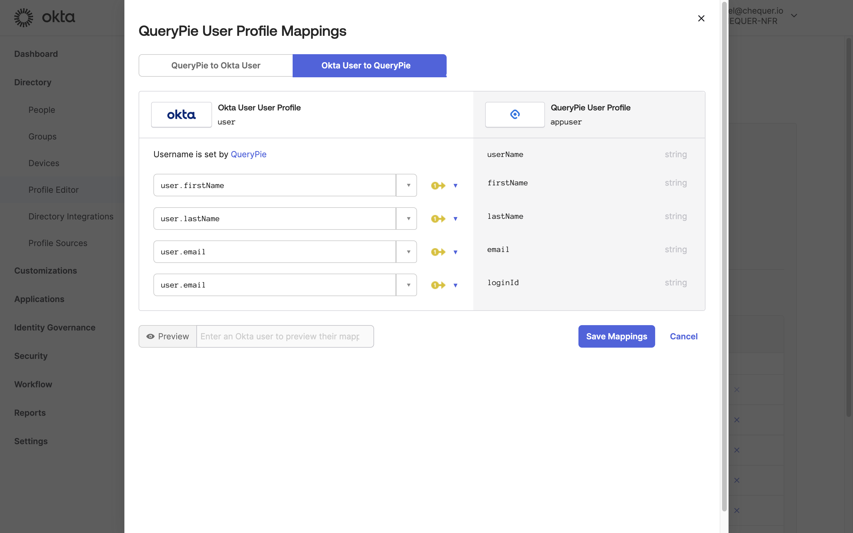 Okta Admin > Directory > Profile Editor > QueryPie User > Mappings