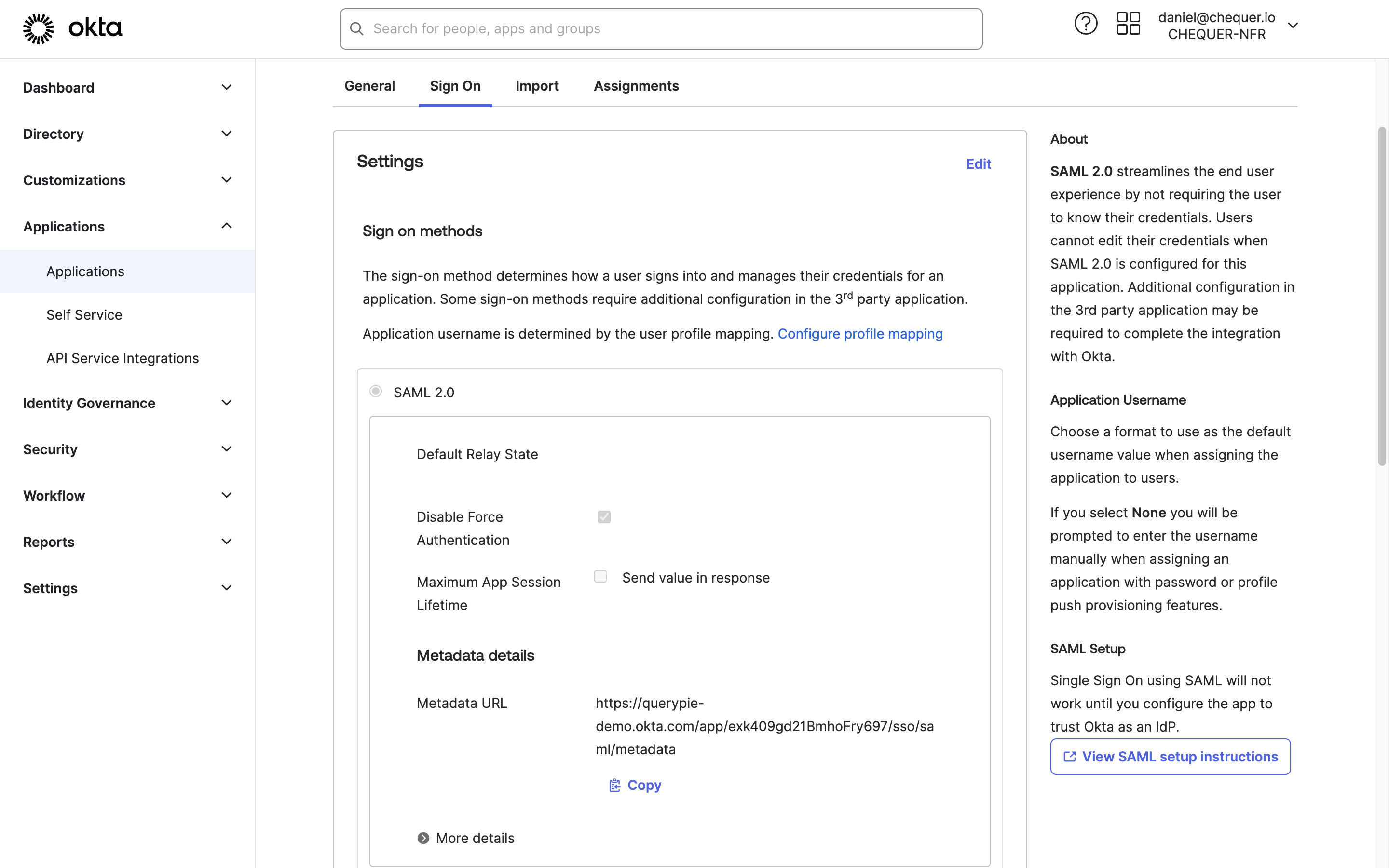 Okta Admin > Applications > Applications > QueryPie App