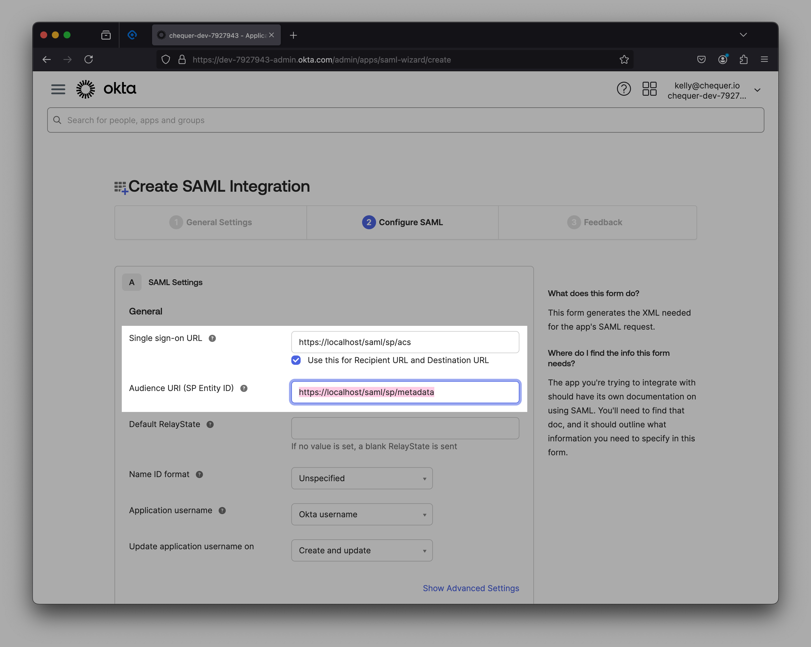 Audience URI (SP Entity ID) in Okta app settings