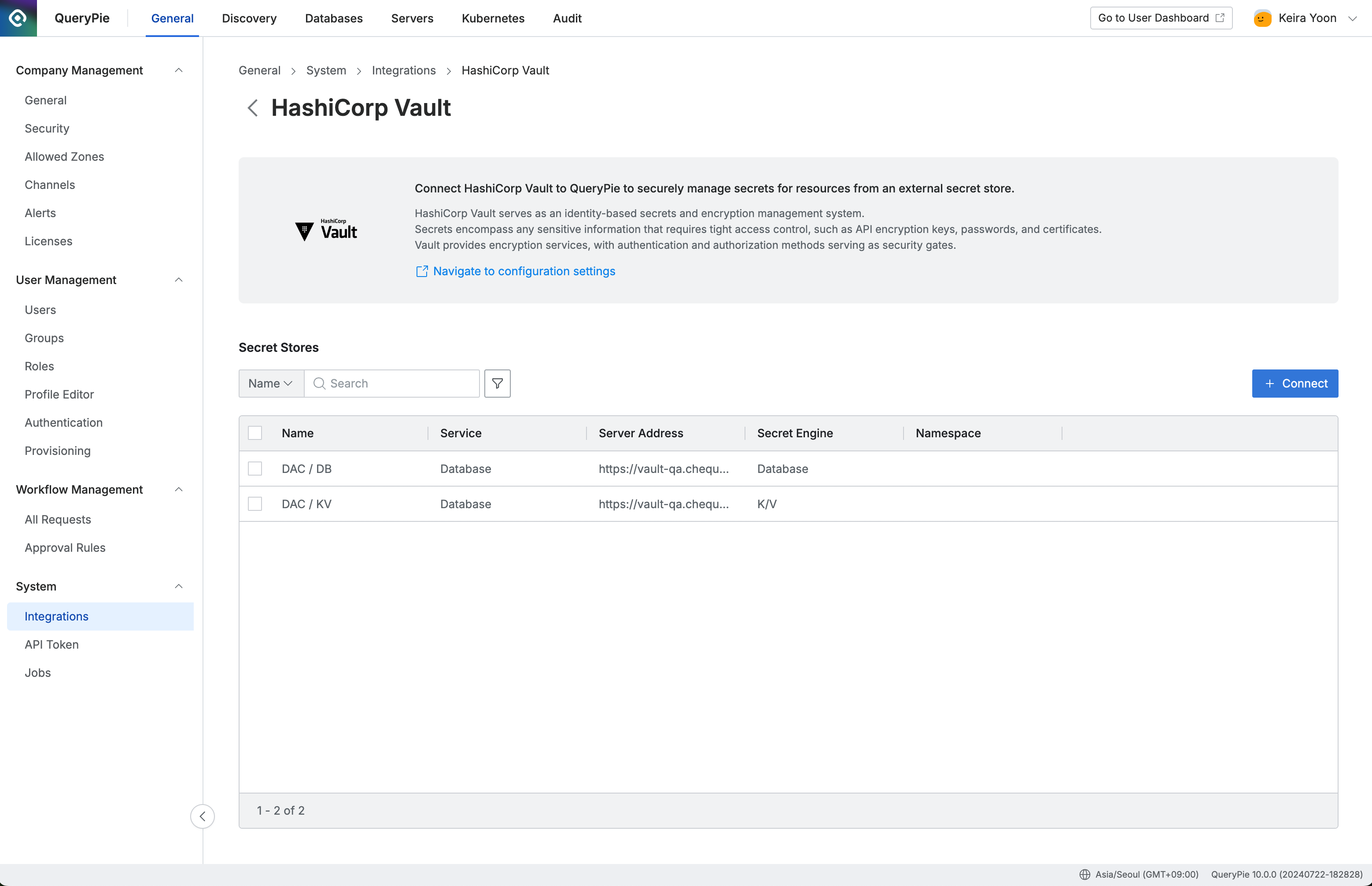 Administrator > General > System > Integrations > HashiCorp Vault