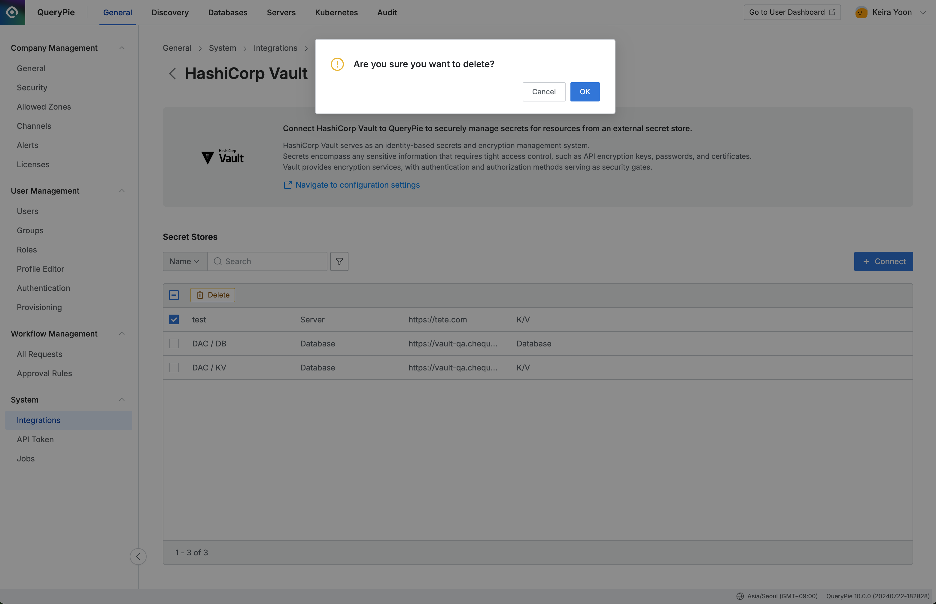 Administrator > General > System > Integrations > HashiCorp Vault > Delete