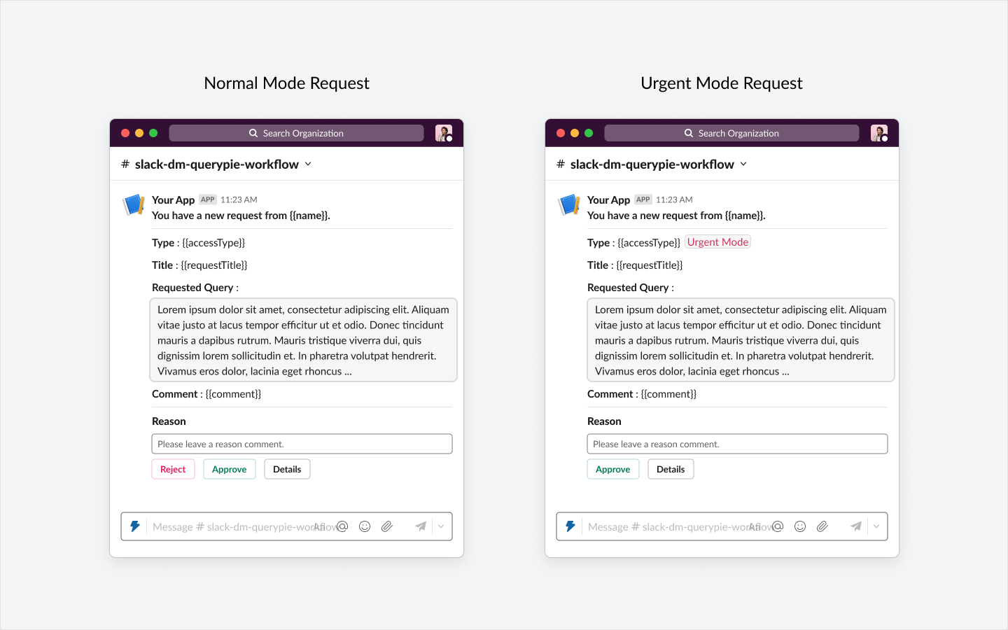 Normal Mode Approval Request Example (Left) / Post-Approval Mode Approval Request Example (Right)