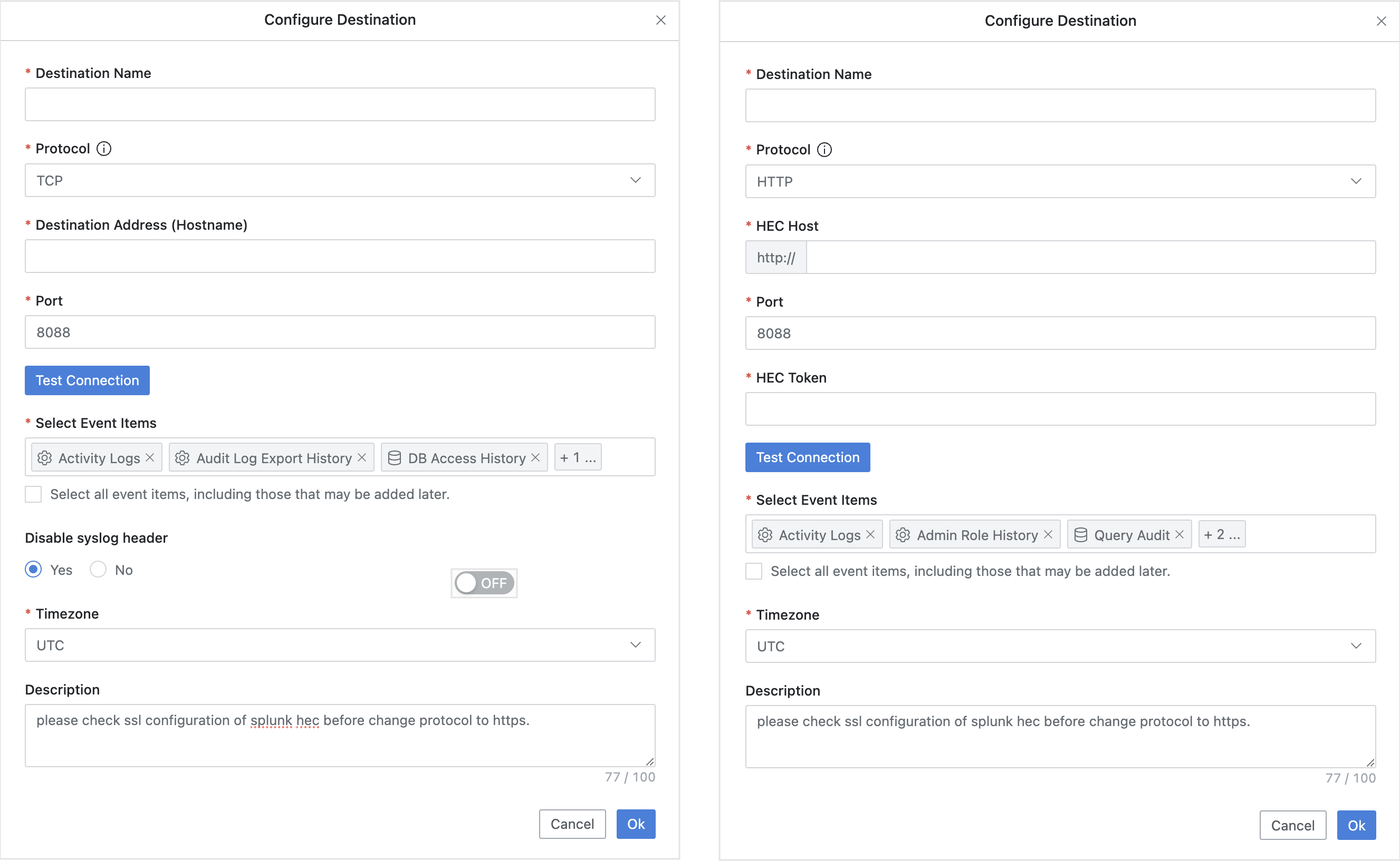 (Left) TCP / UDP Settings Screen (Right) HTTP / HTTPS Settings Screen