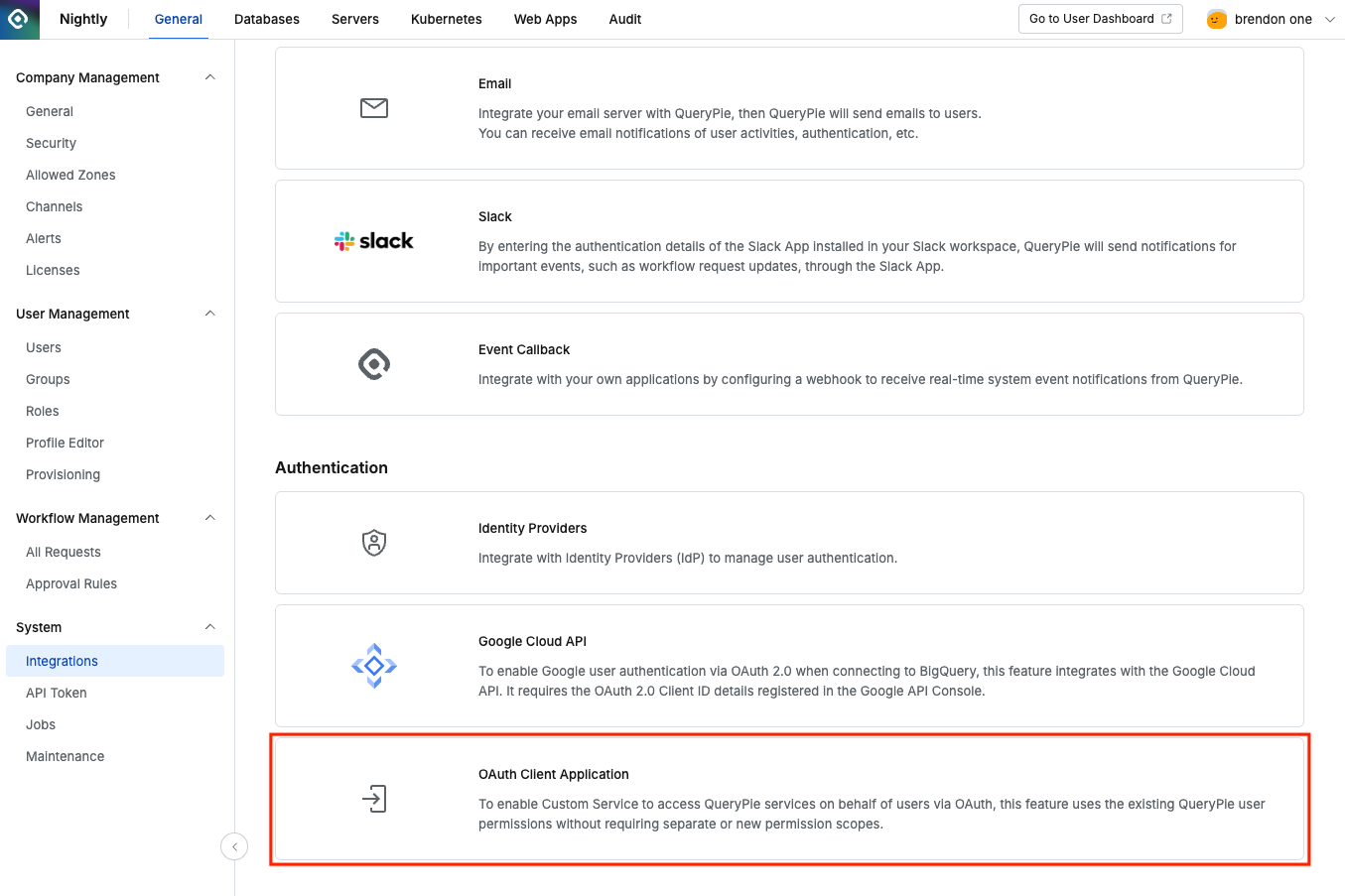OAuth Client Application under Admin > General > System > Integrations, Authentication section