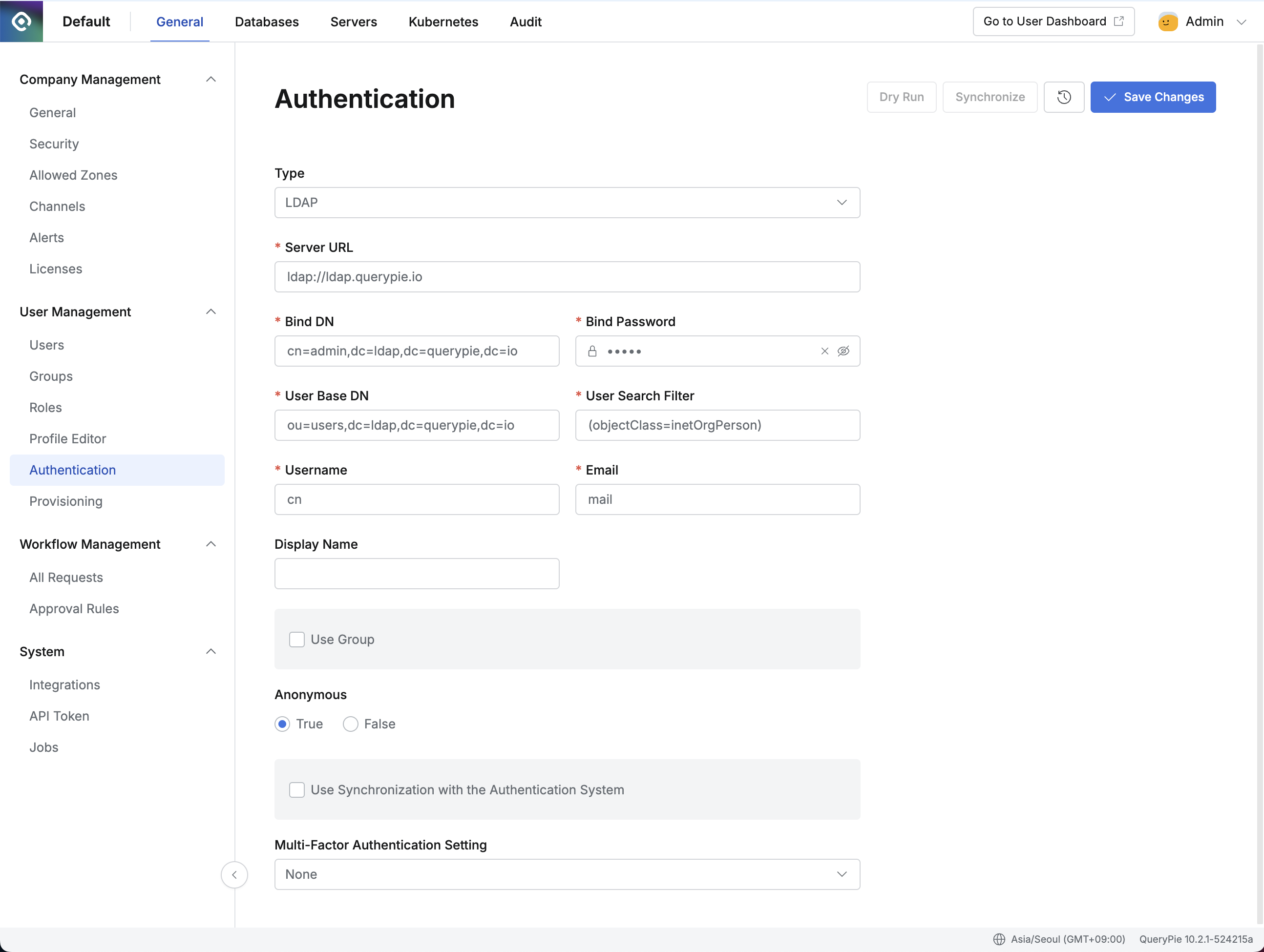 Administrator > General > User Management > Authentication > LDAP