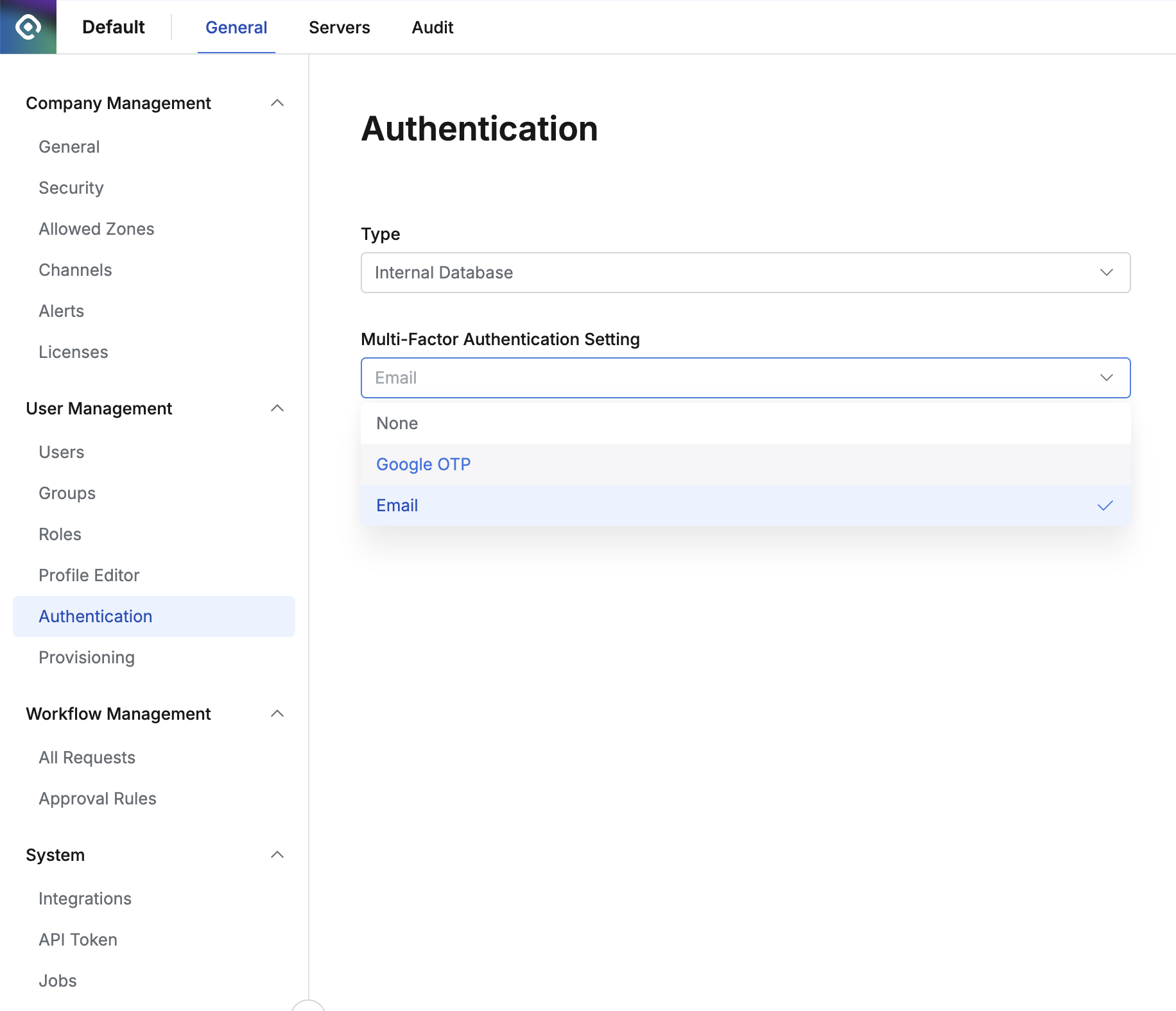 MFA Settings for Authentication Type - Internal Database
