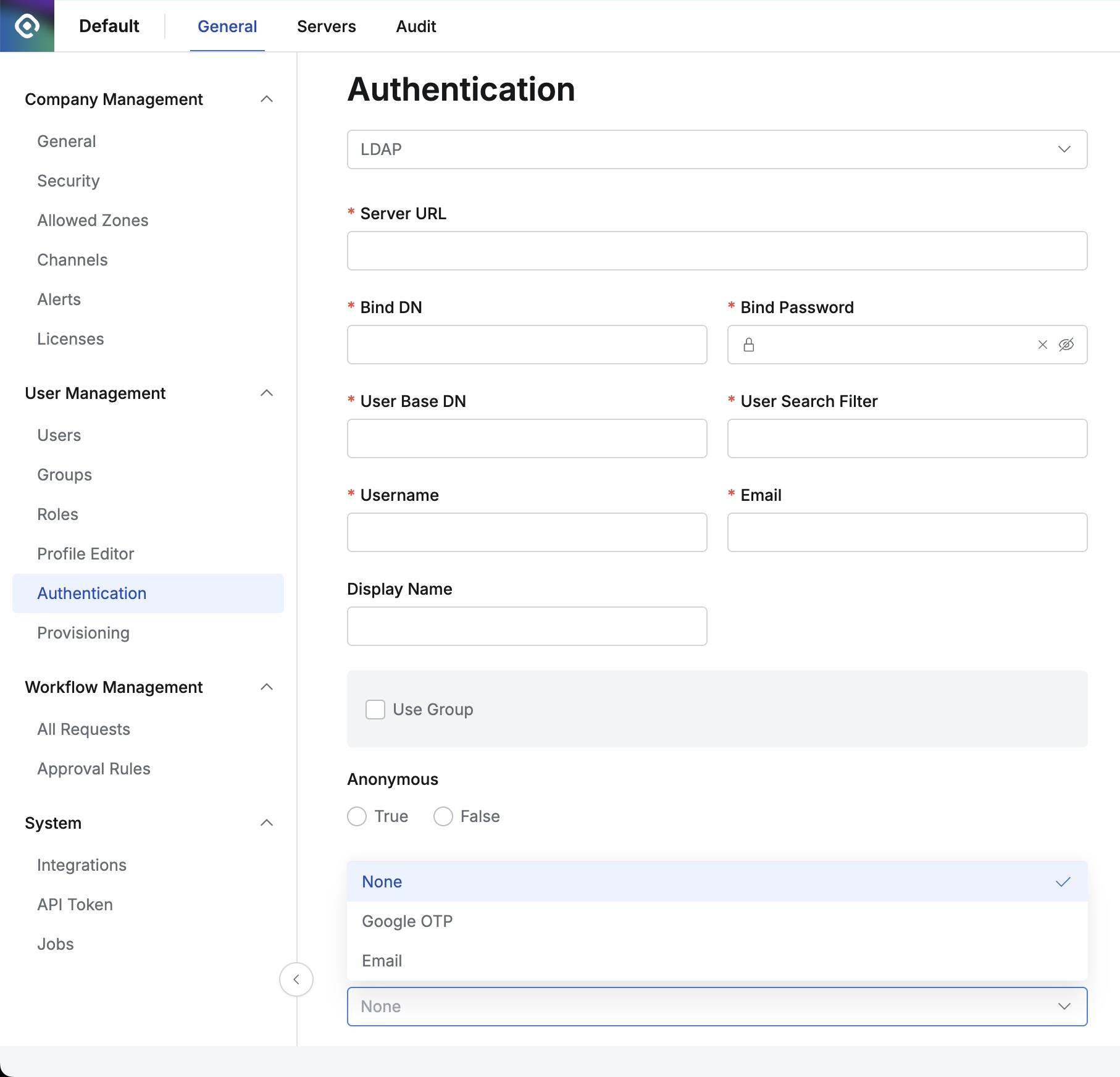 MFA Settings for Authentication Type - LDAP