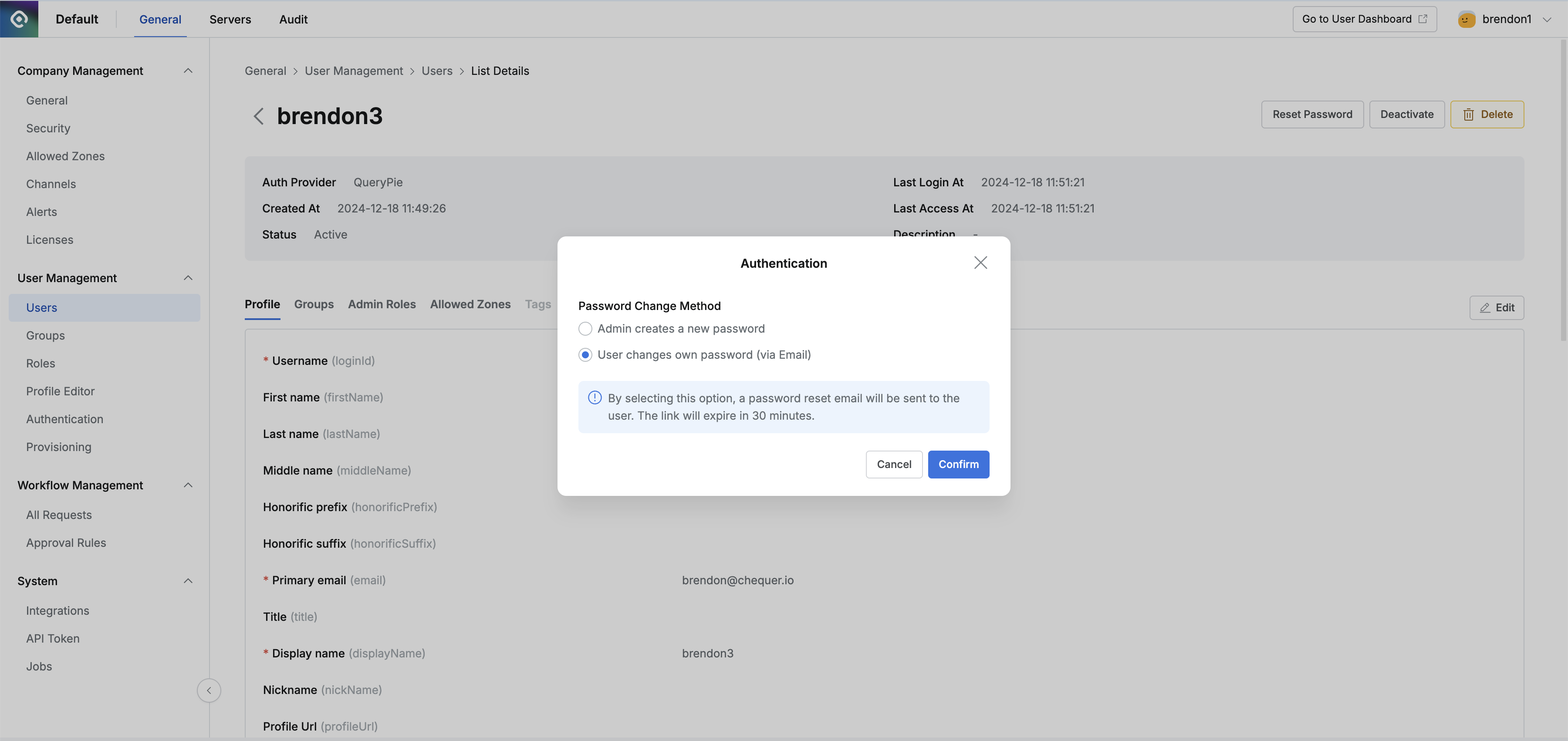 Selecting for User to Reset Own Password via Email