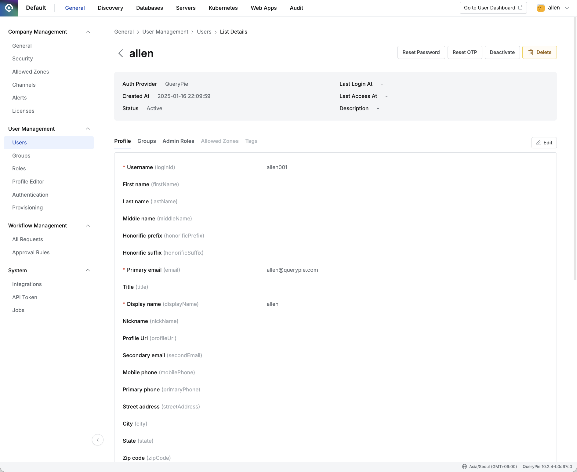 Administrator > General > User Management > Users > List Details