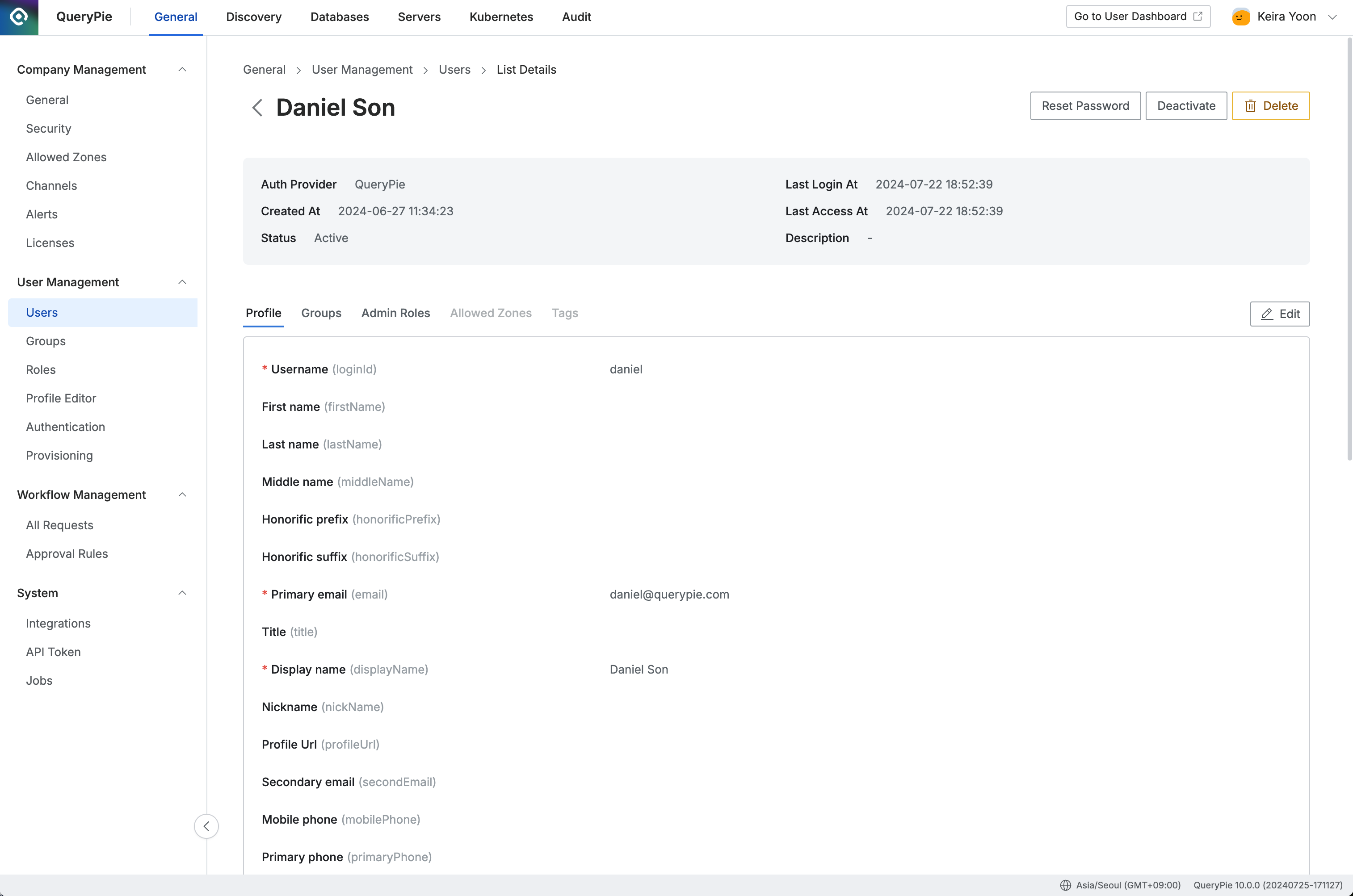 Administrator > General > User Management > Users > List Details