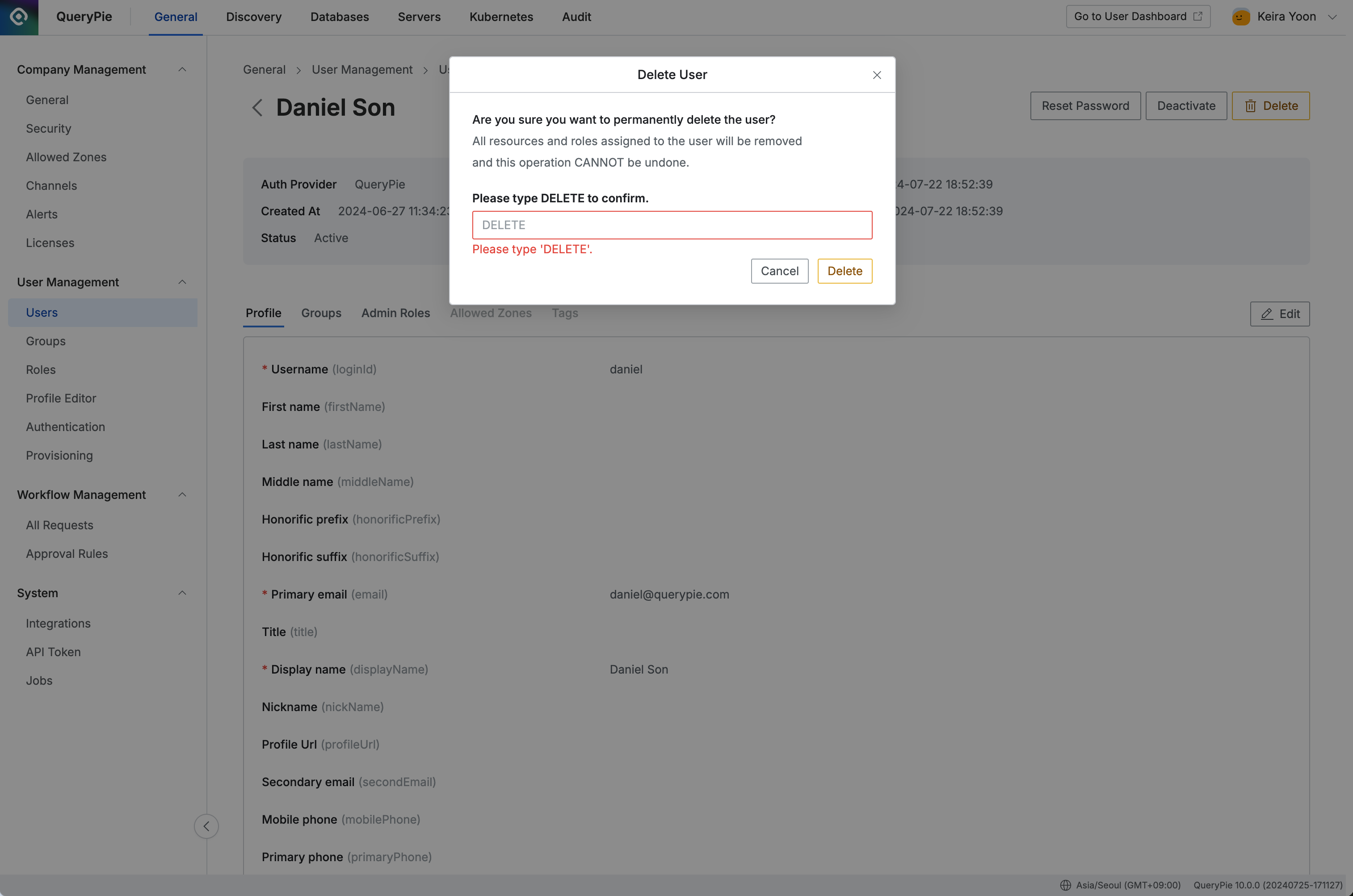 Administrator > General > User Management > Users > List Details > Delete User