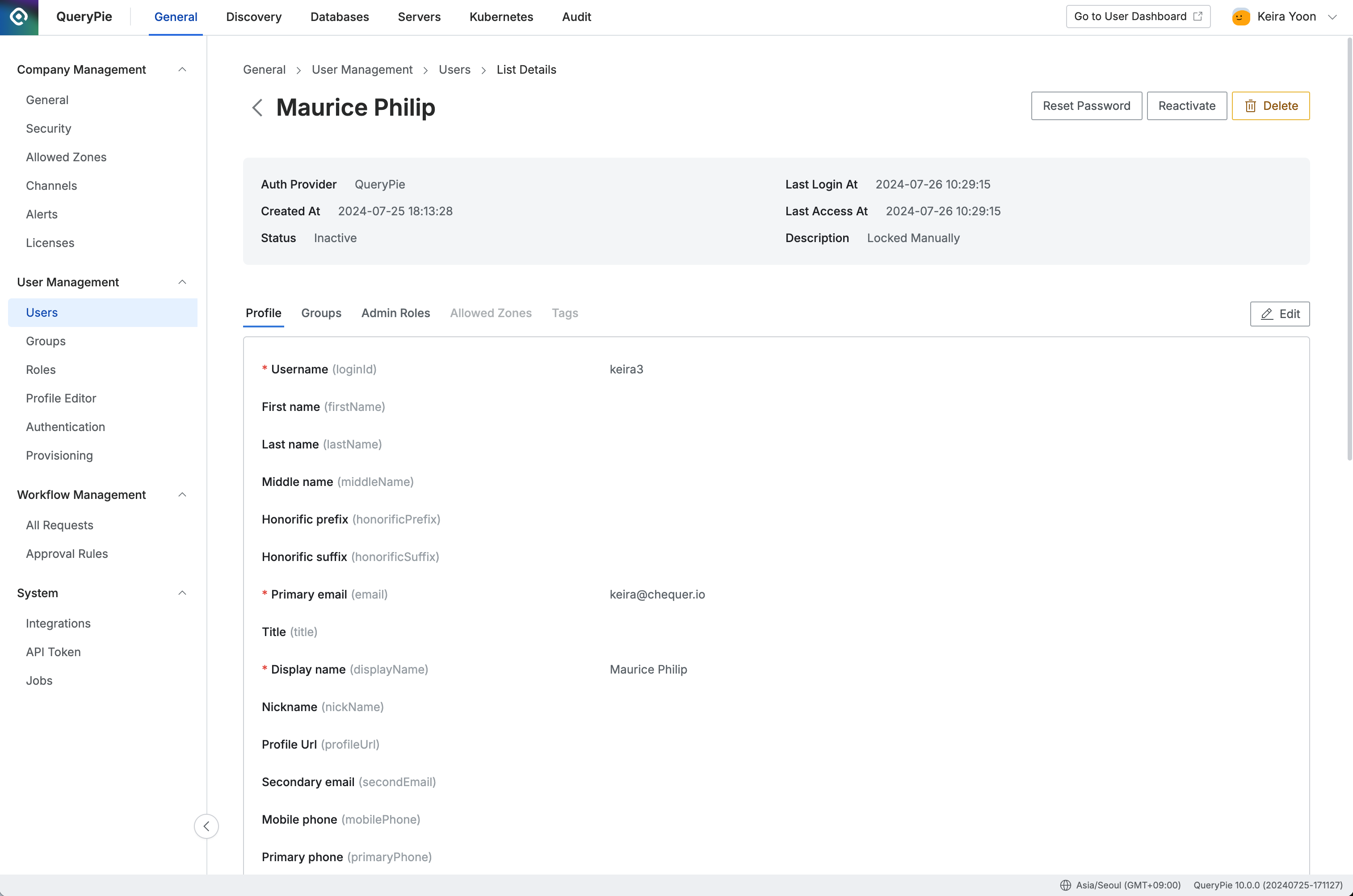 Administrator > General > User Management > Users > List Details