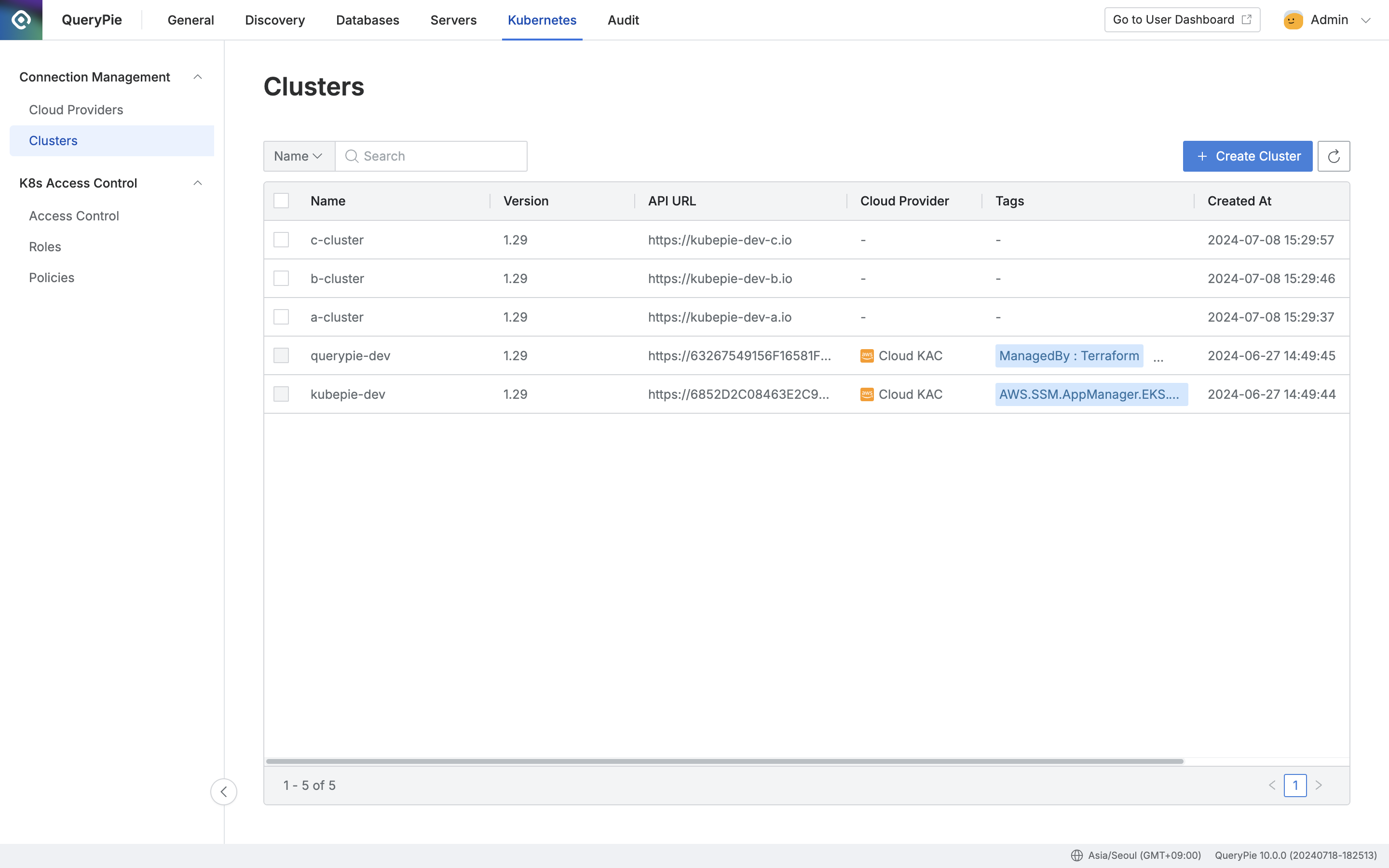 Administrator > Kubernetes > Connection Management > Clusters