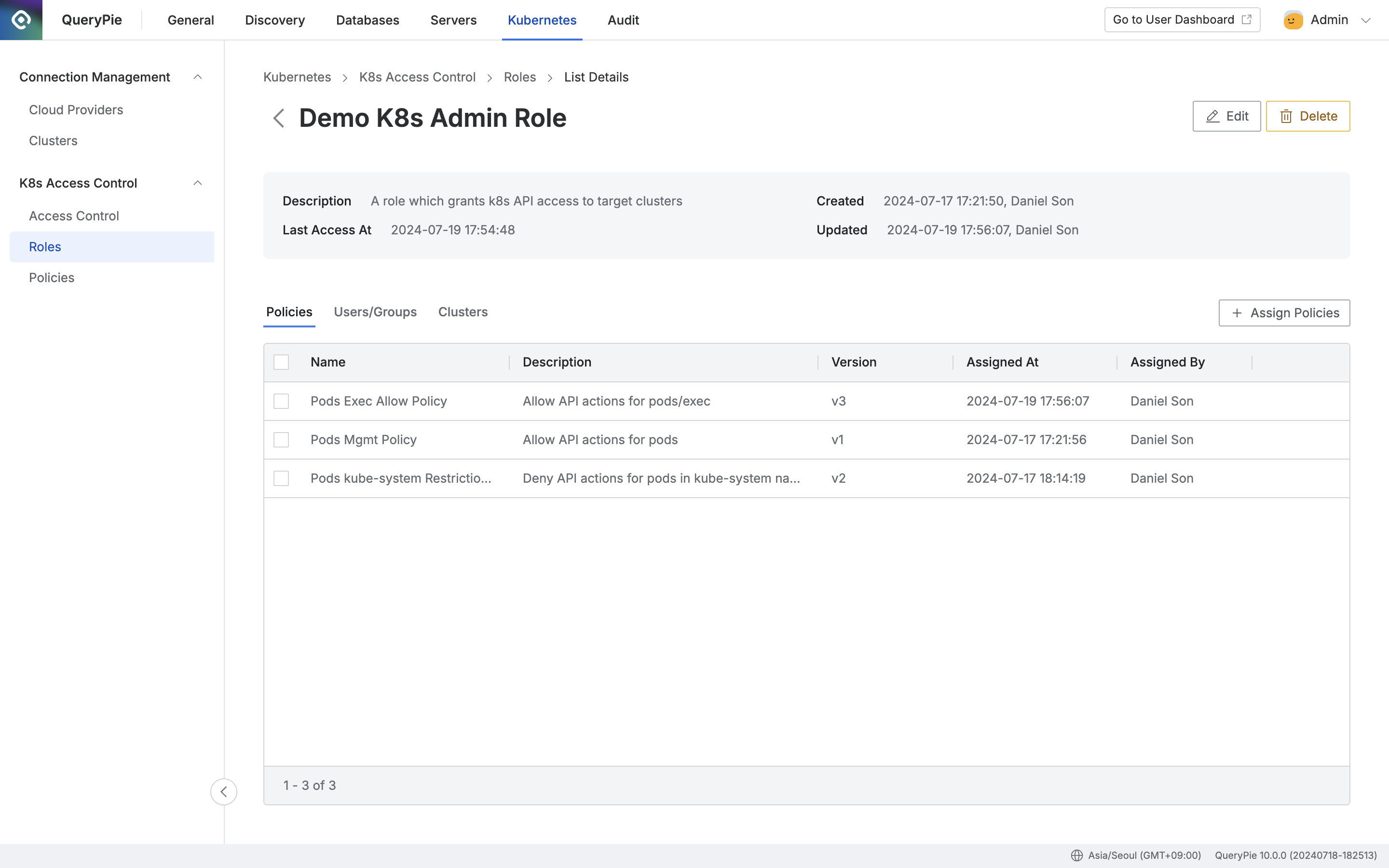 Administrator > Kubernetes > K8s Access Control > Roles > List Details