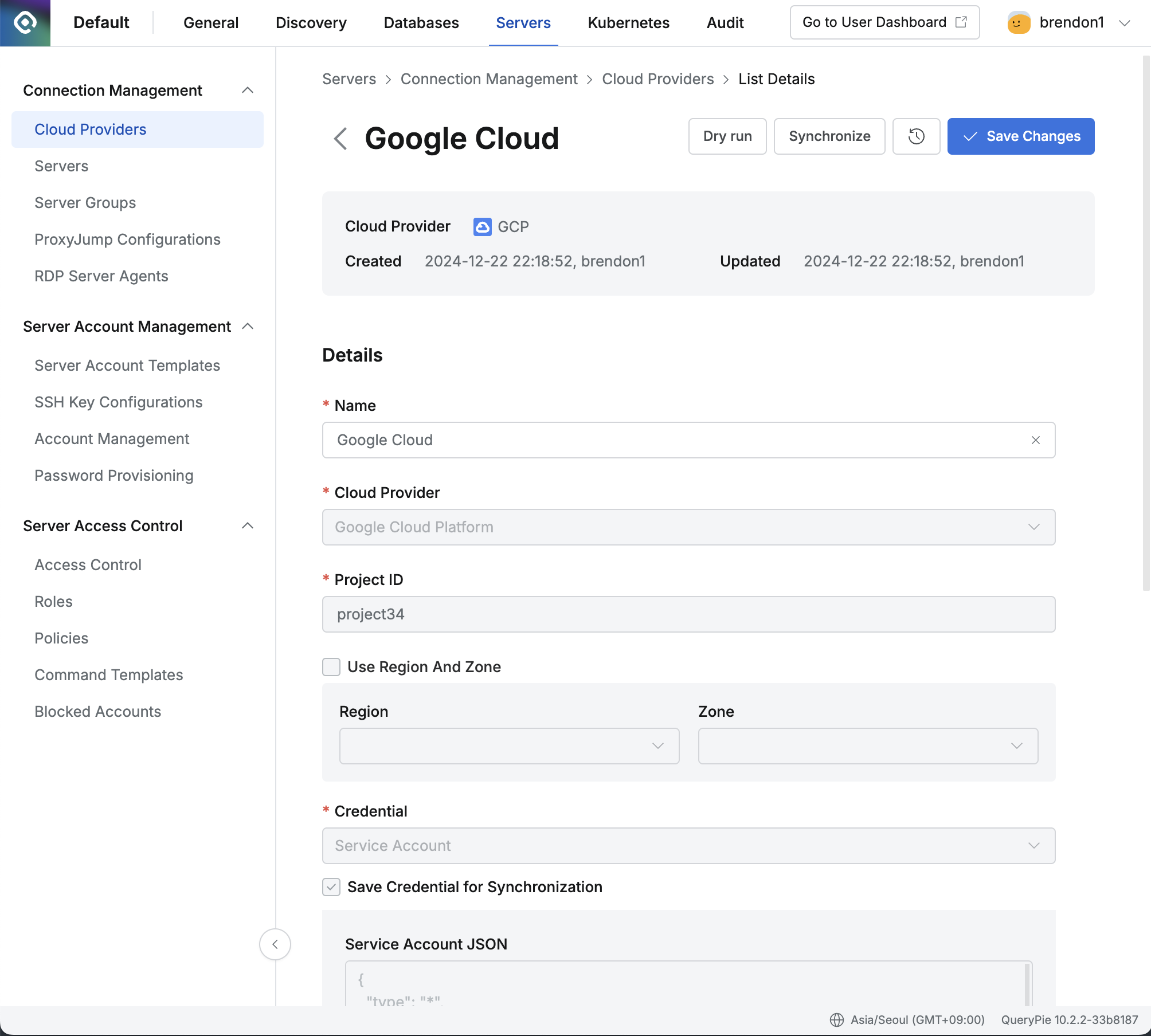 Administrator > Servers > Connection Management > Cloud Providers > List Details