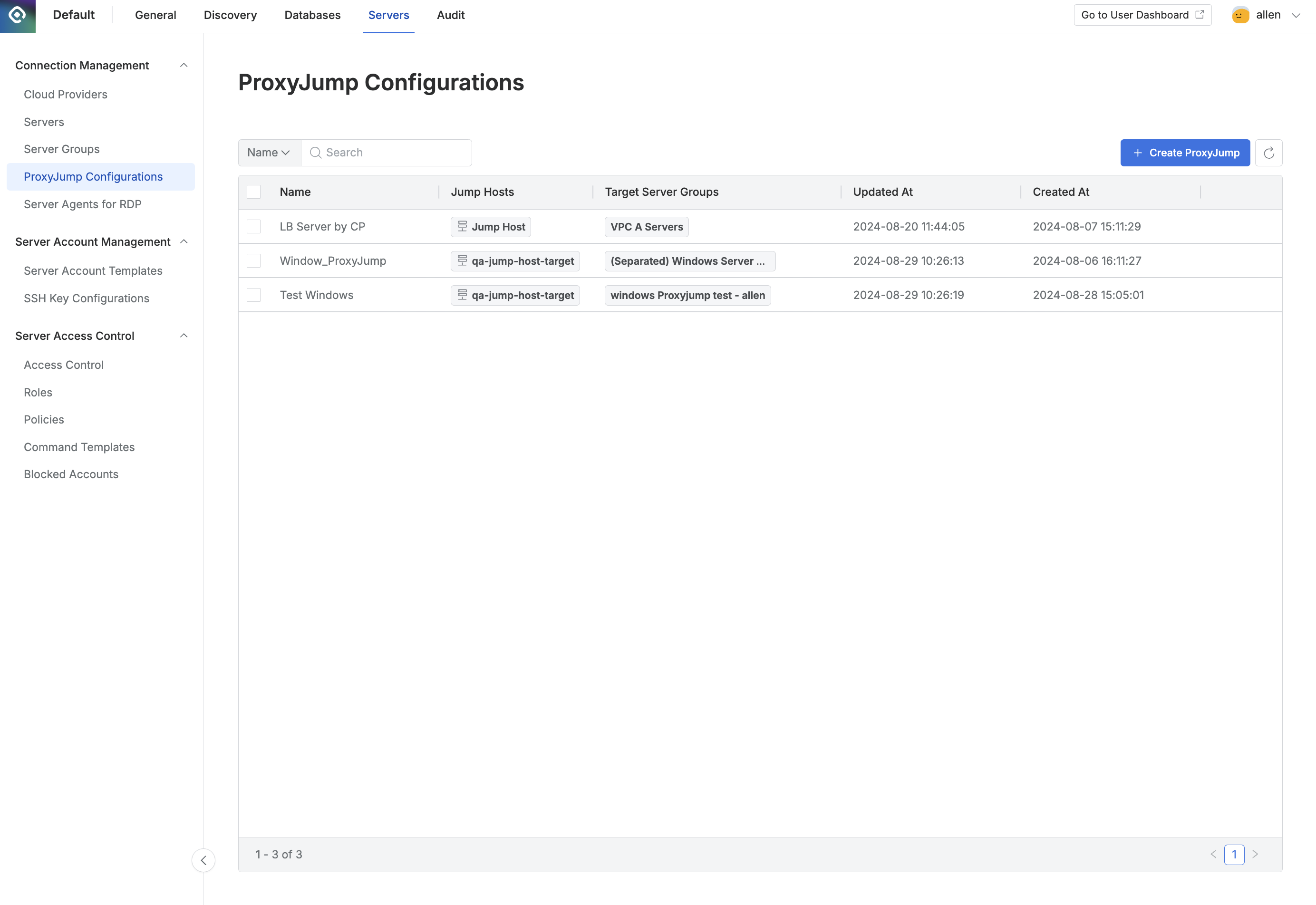 Administrator > Servers > Connection Management > ProxyJump Configurations