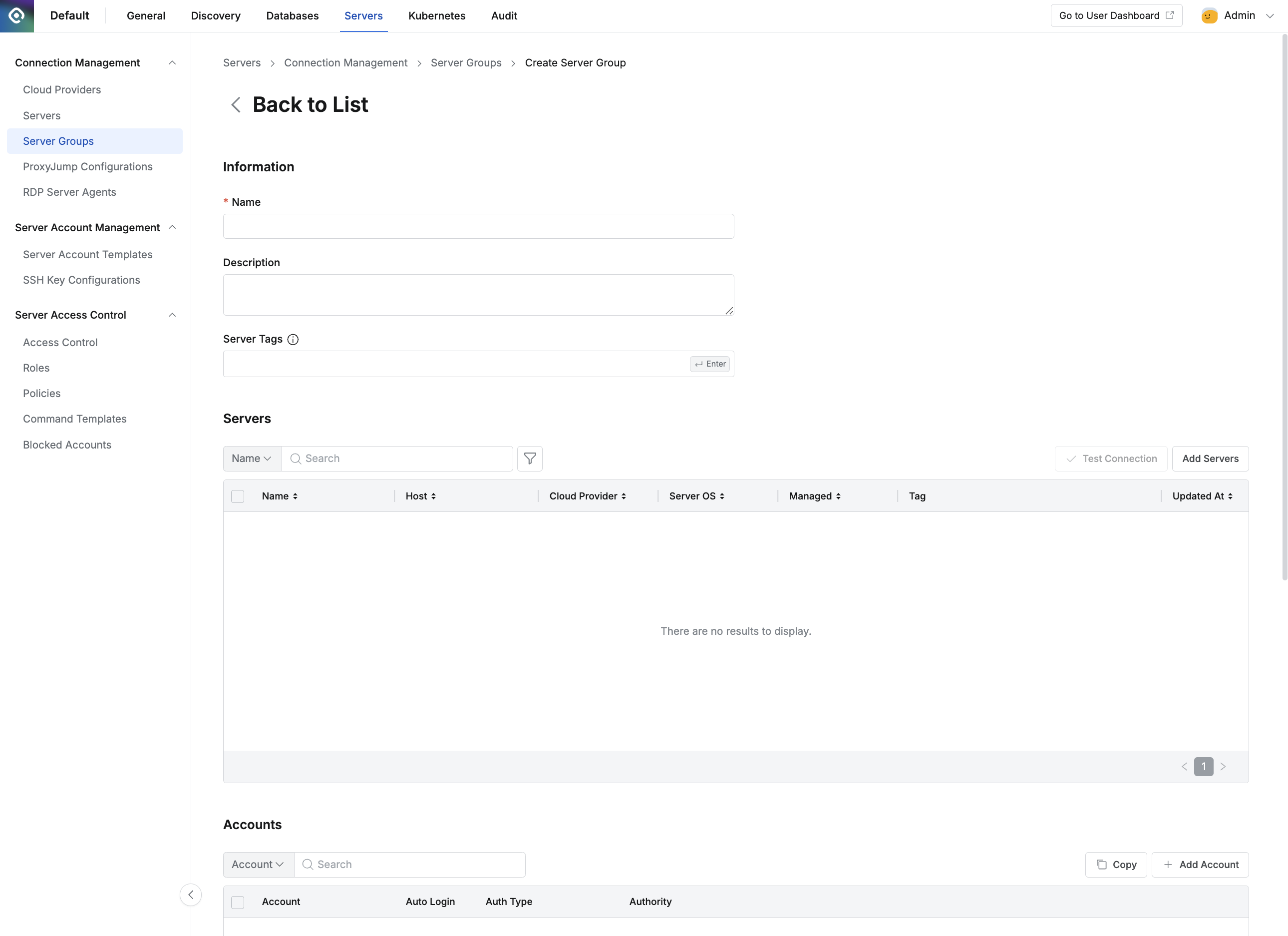 Administrator > Servers > Connection Management > Server Groups > Create Server Group