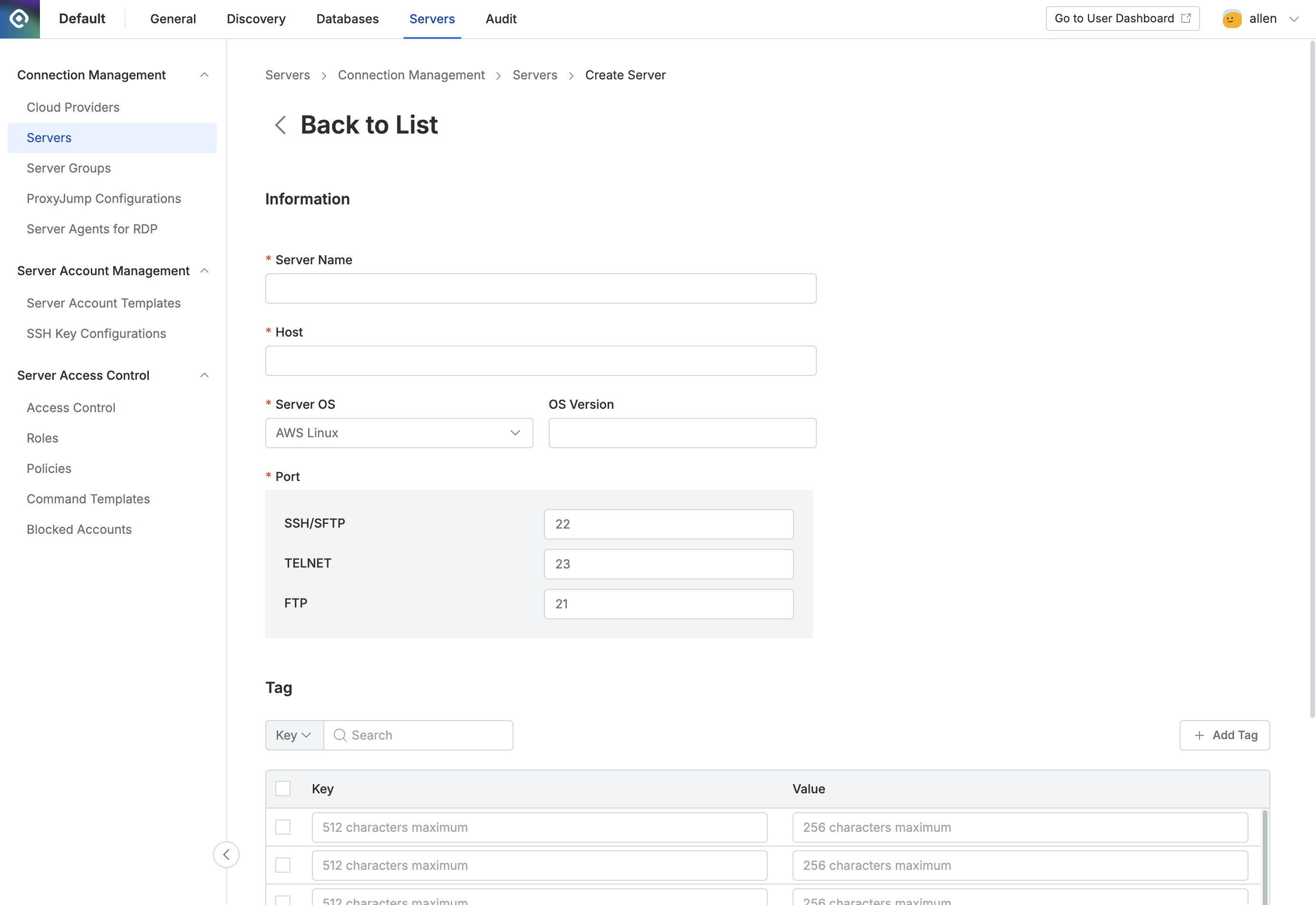 Administrator > Servers > Connection Management > Servers > Create Server