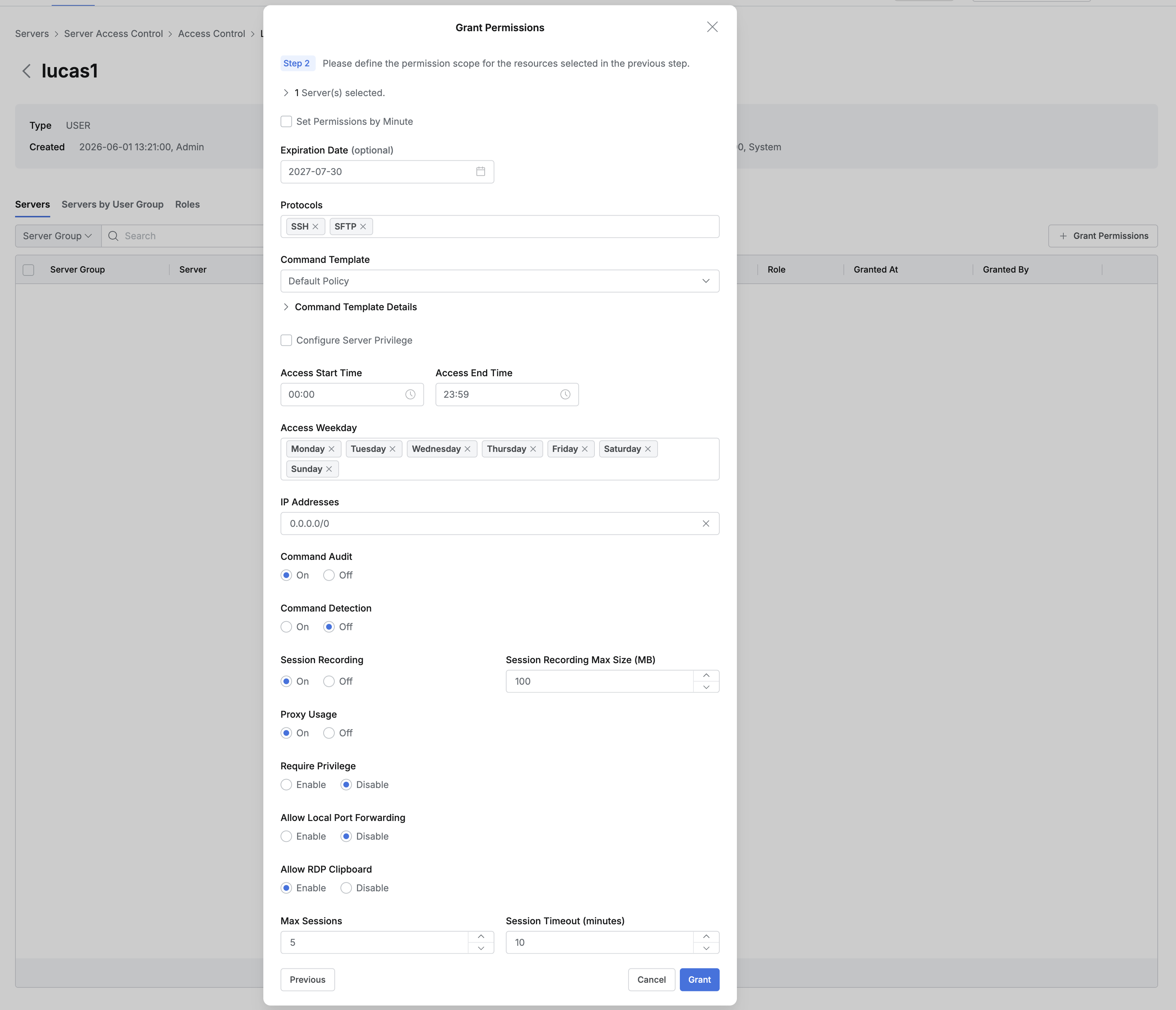 Administrator > Servers > Server Access Control > Access Control > Details > Grant Permissions Step 2
