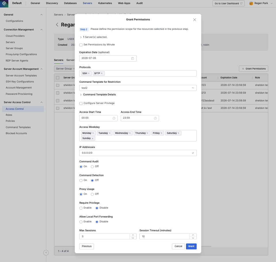 Administrator > Servers > Server Access Control > Access Control > Details > Grant Permissions Step 2