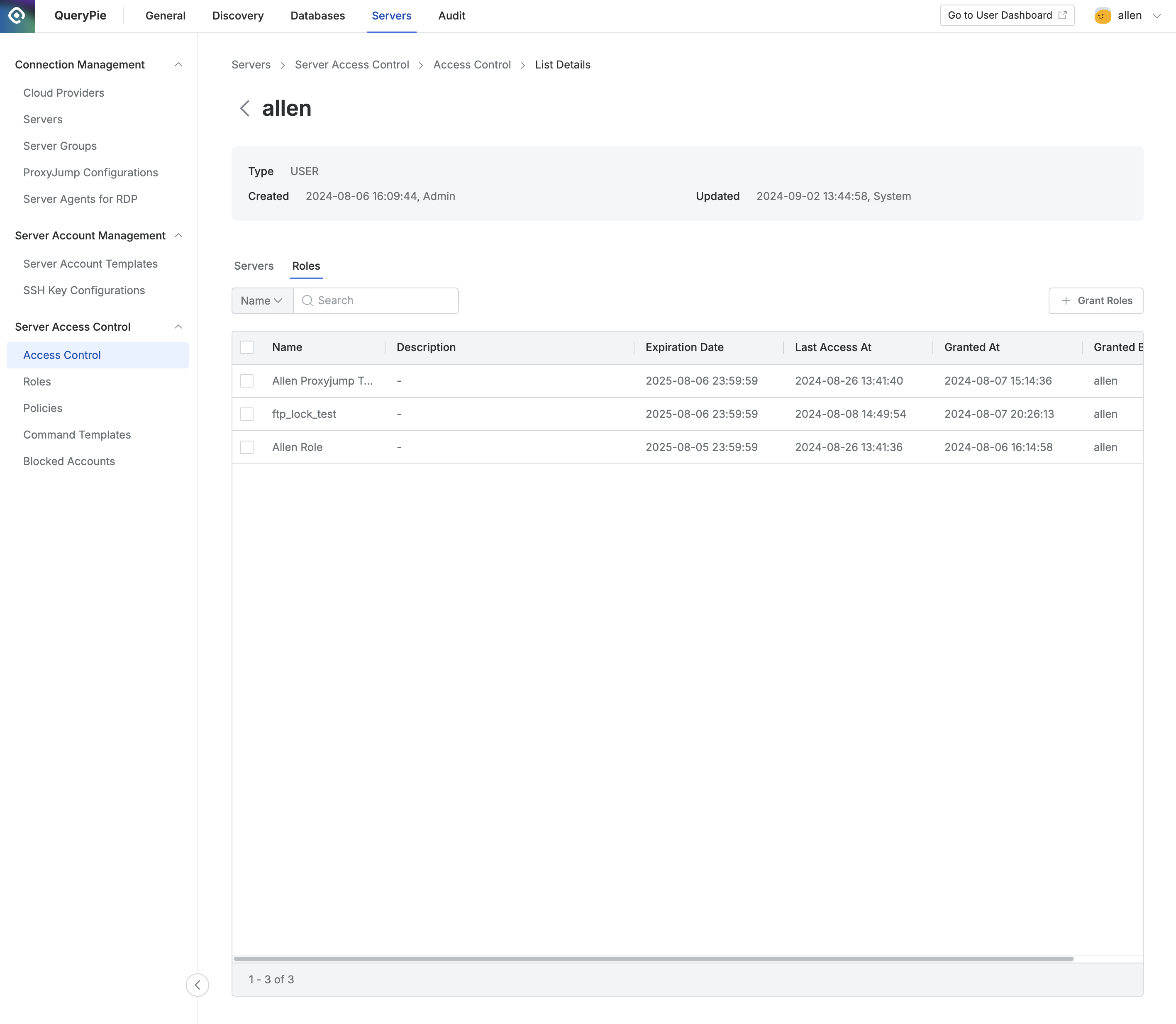 Administrator > Servers > Server Access Control > Access Control > List Details > Roles tab