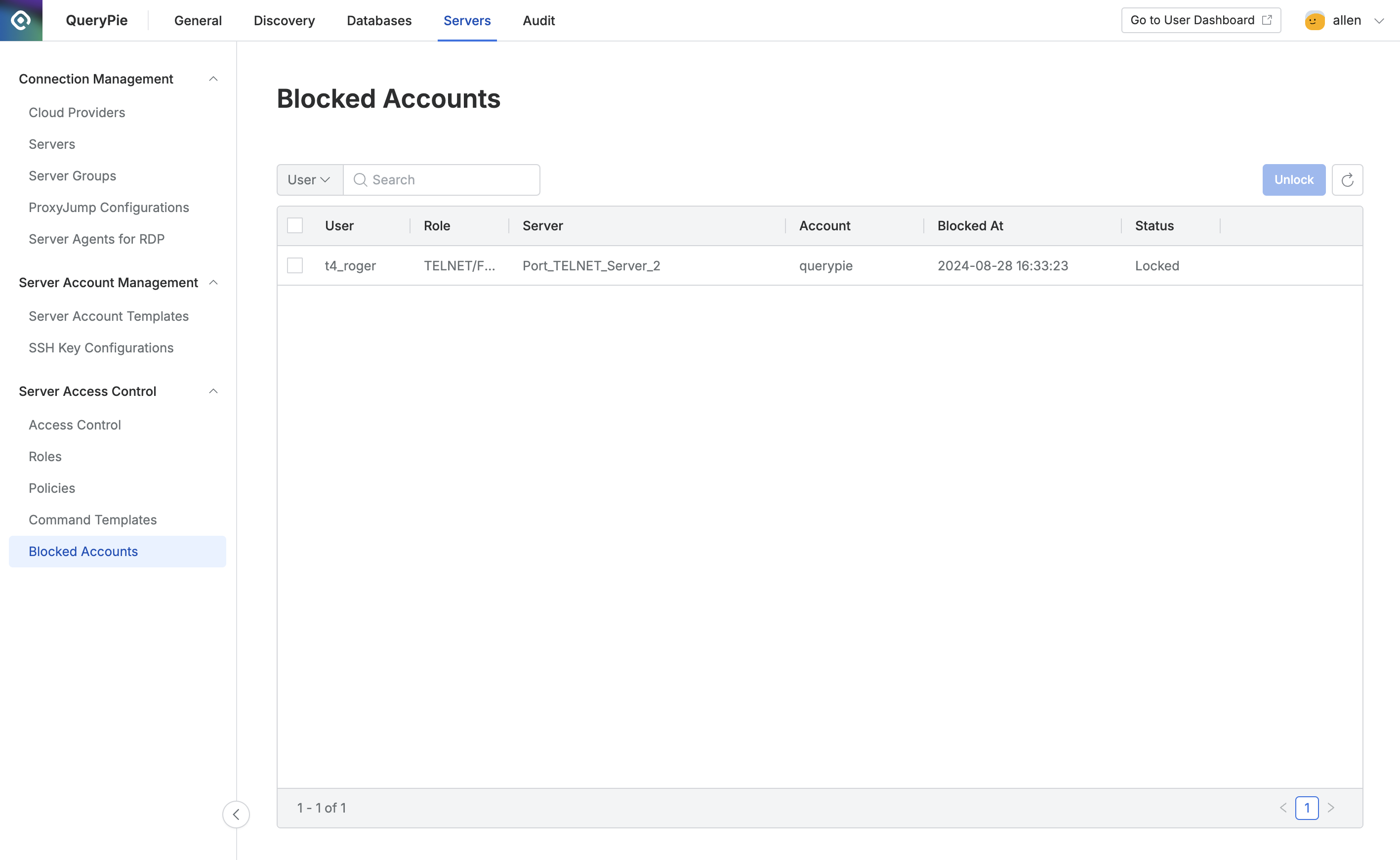 Administrator > Servers > Server Access Control > Blocked Accounts