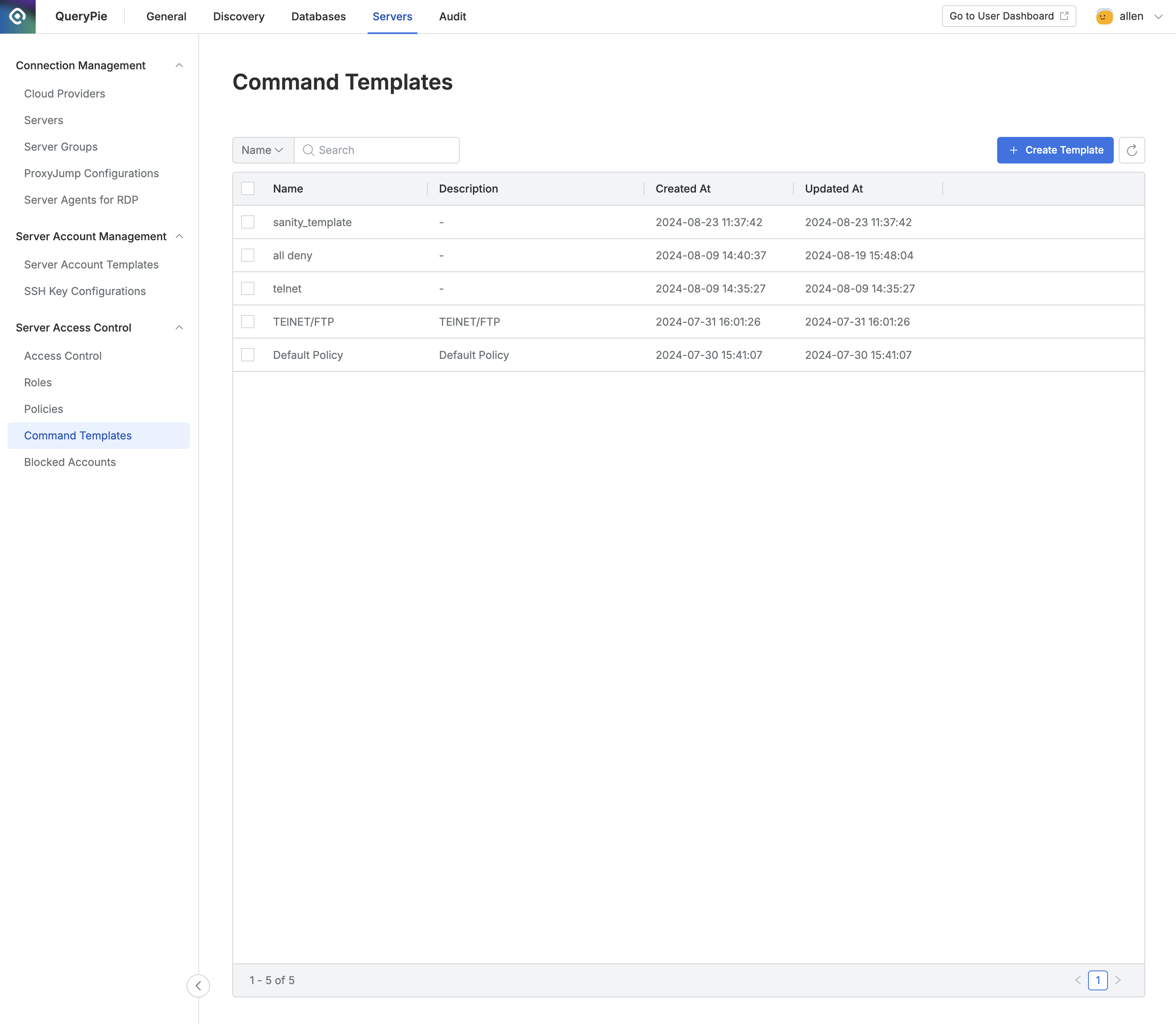 Administrator > Servers > Server Access Control > Command Templates