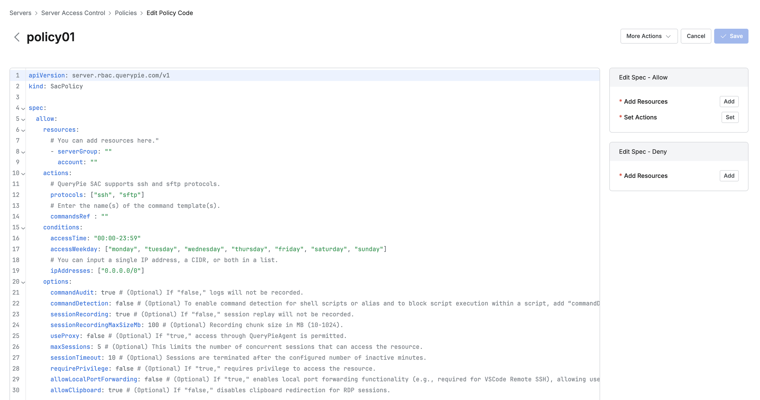 Administrator > Servers > Server Access Control > Policies > List Details > Go to Editor Mode
