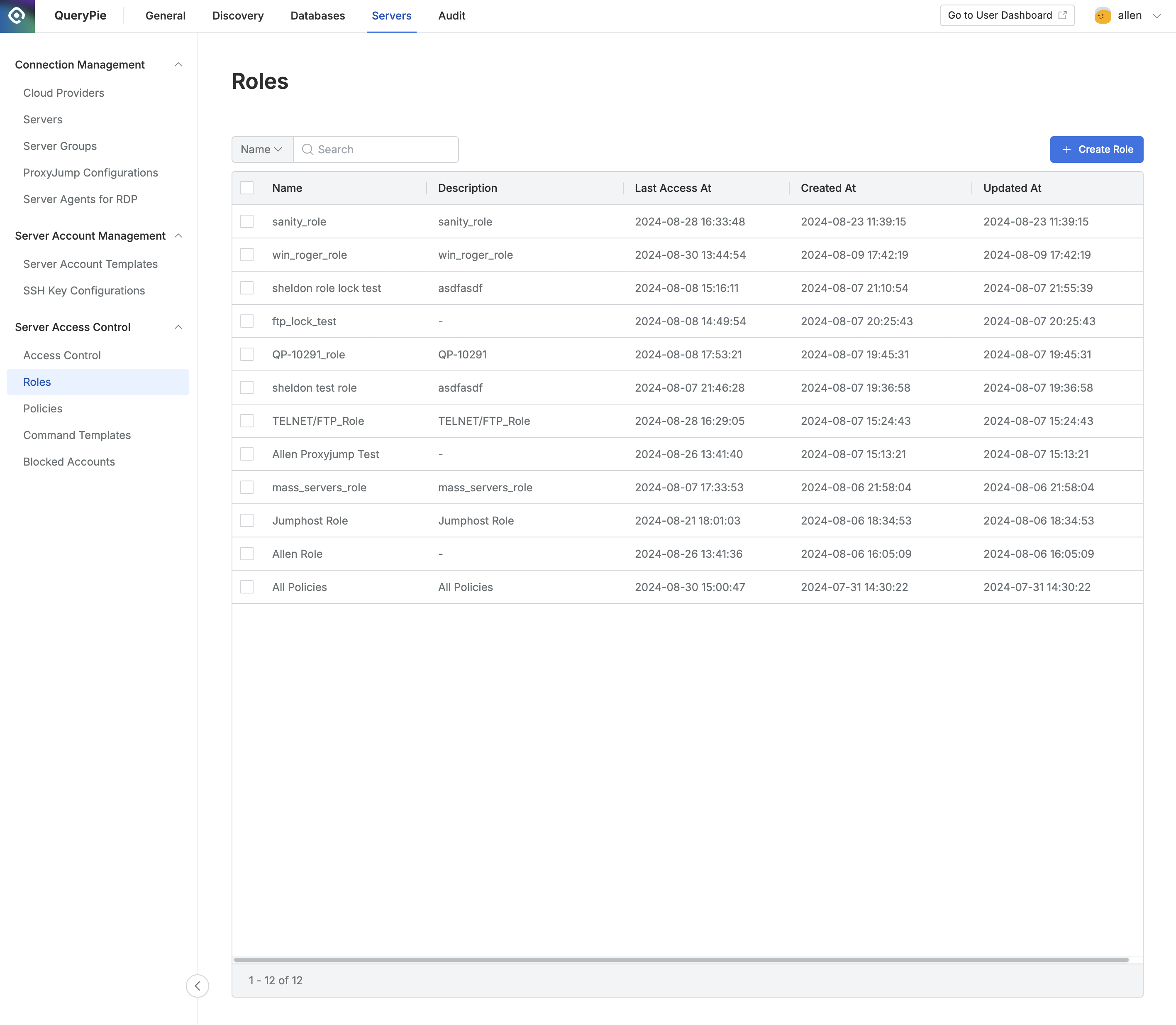 Administrator > Servers > Server Access Control > Roles